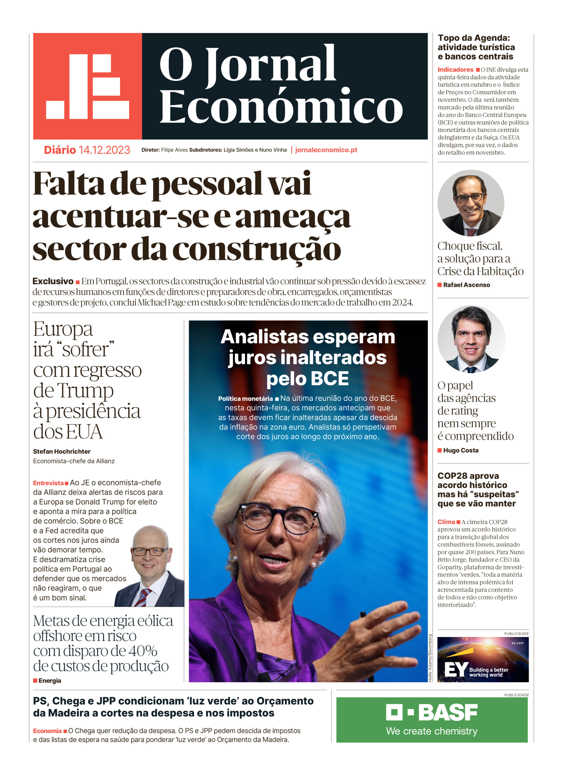 A primeira página do Jornal Económico de 14 de dezembro