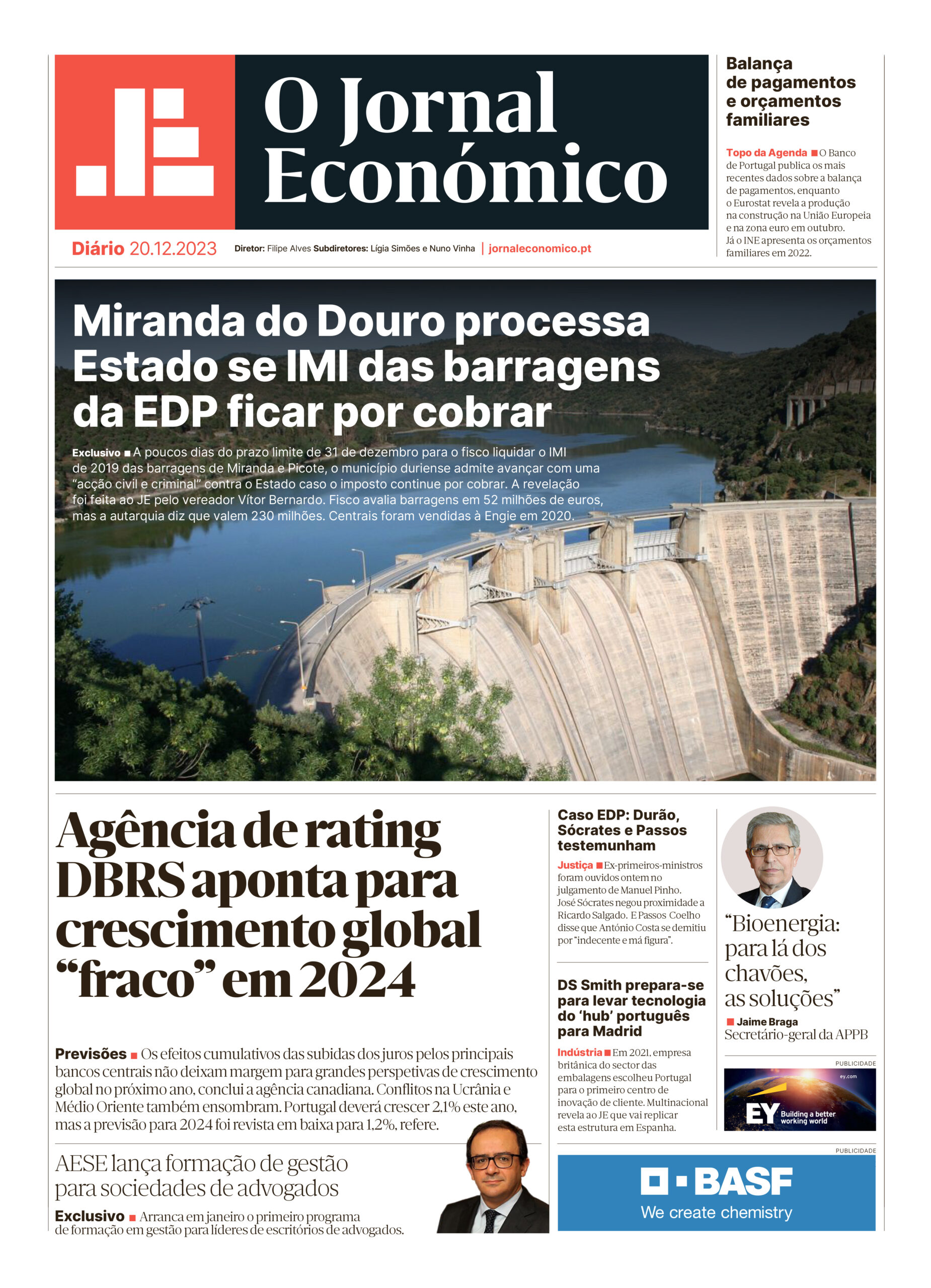 A primeira página do Jornal Económico de 20 de dezembro