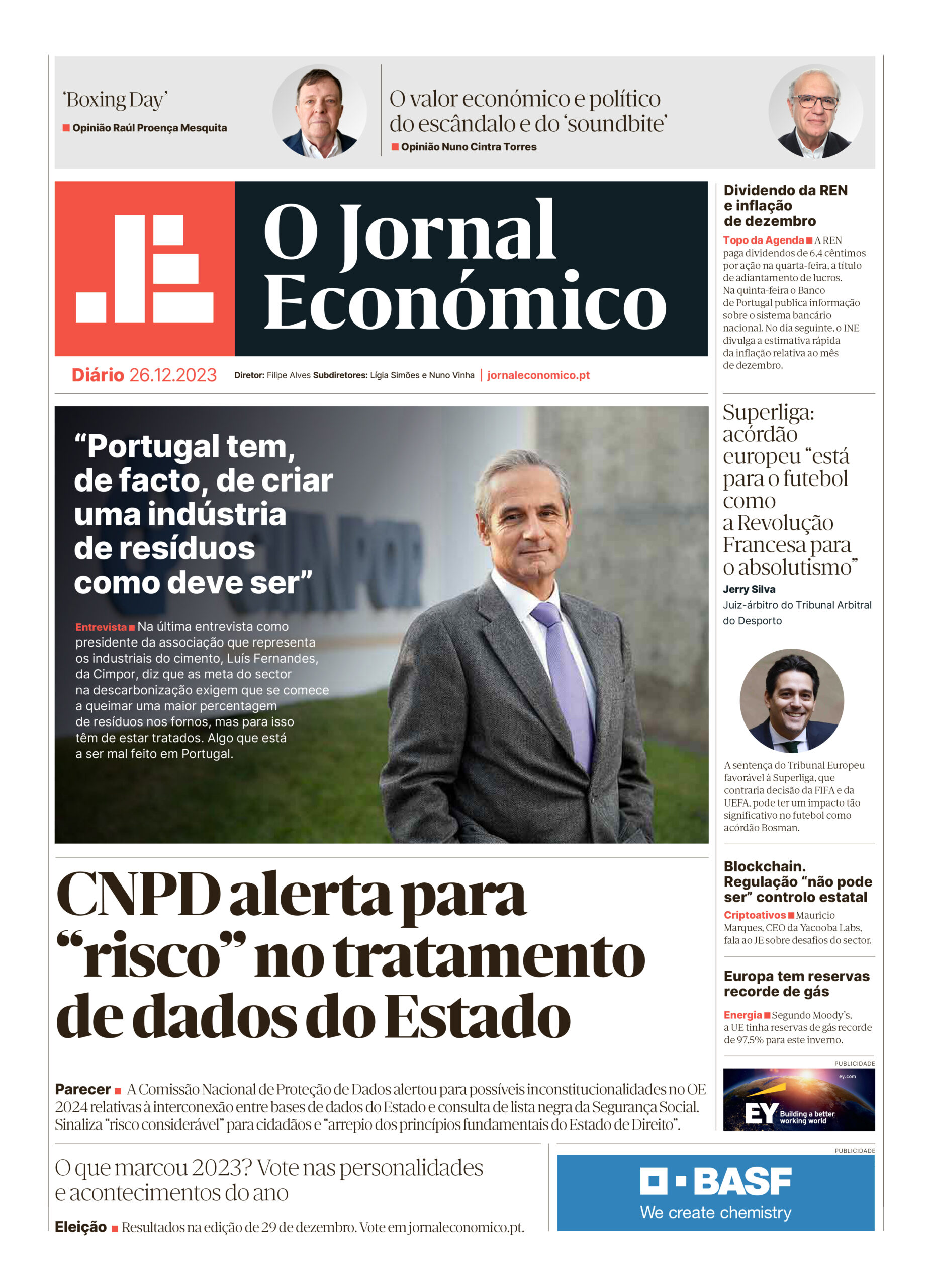 A primeira página do Jornal Económico de 26 de dezembro