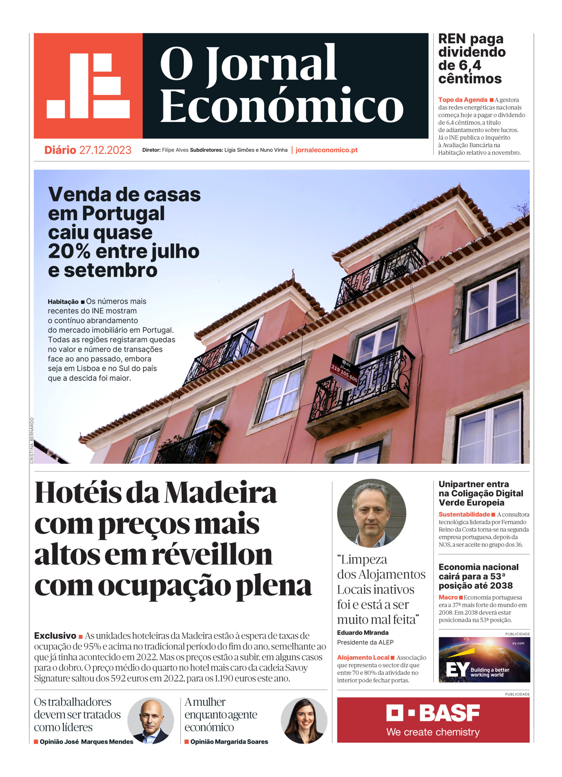 A primeira página do Jornal Económico de 27 de dezembro