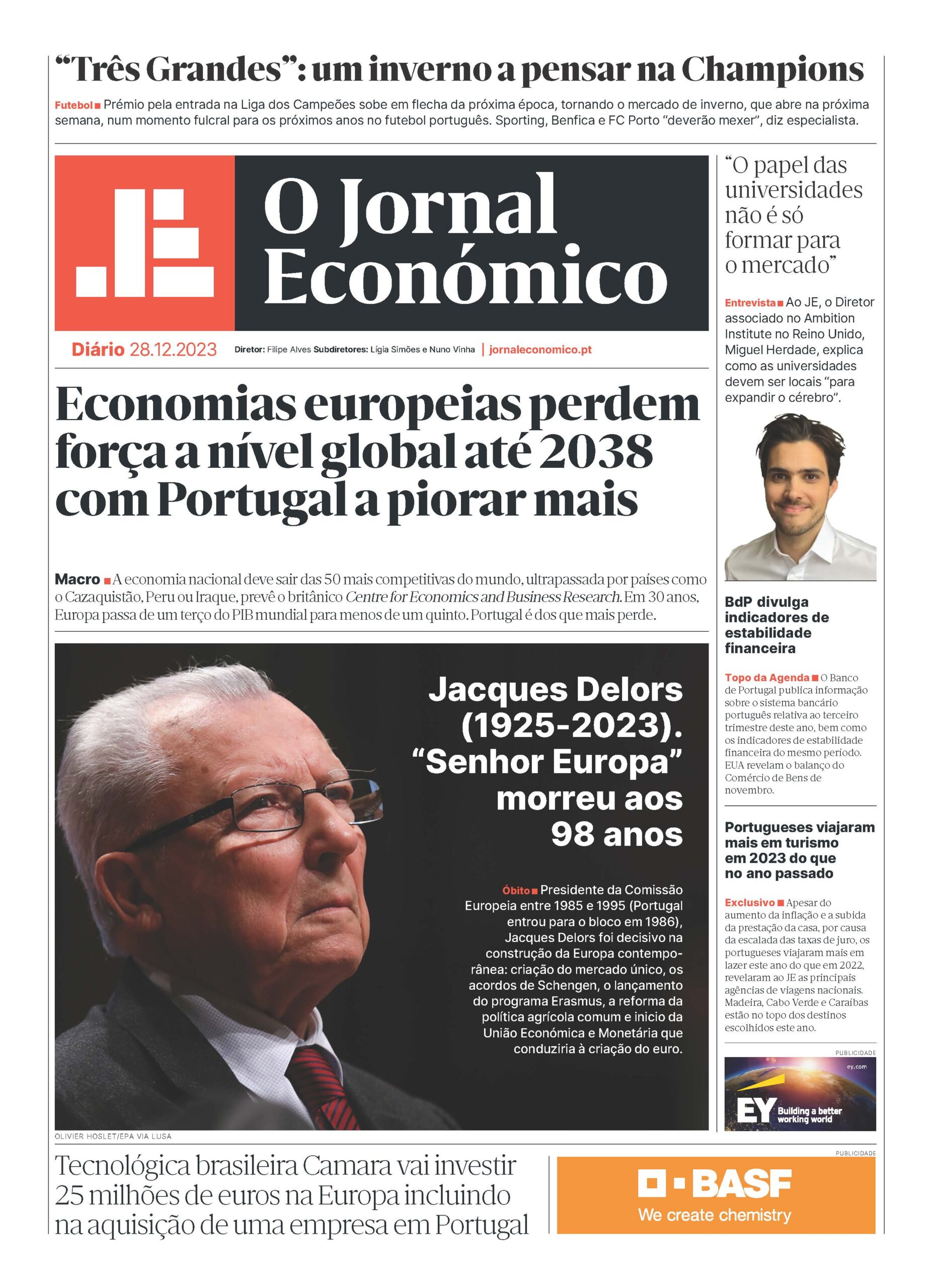 A primeira página do Jornal Económico de 28 de dezembro