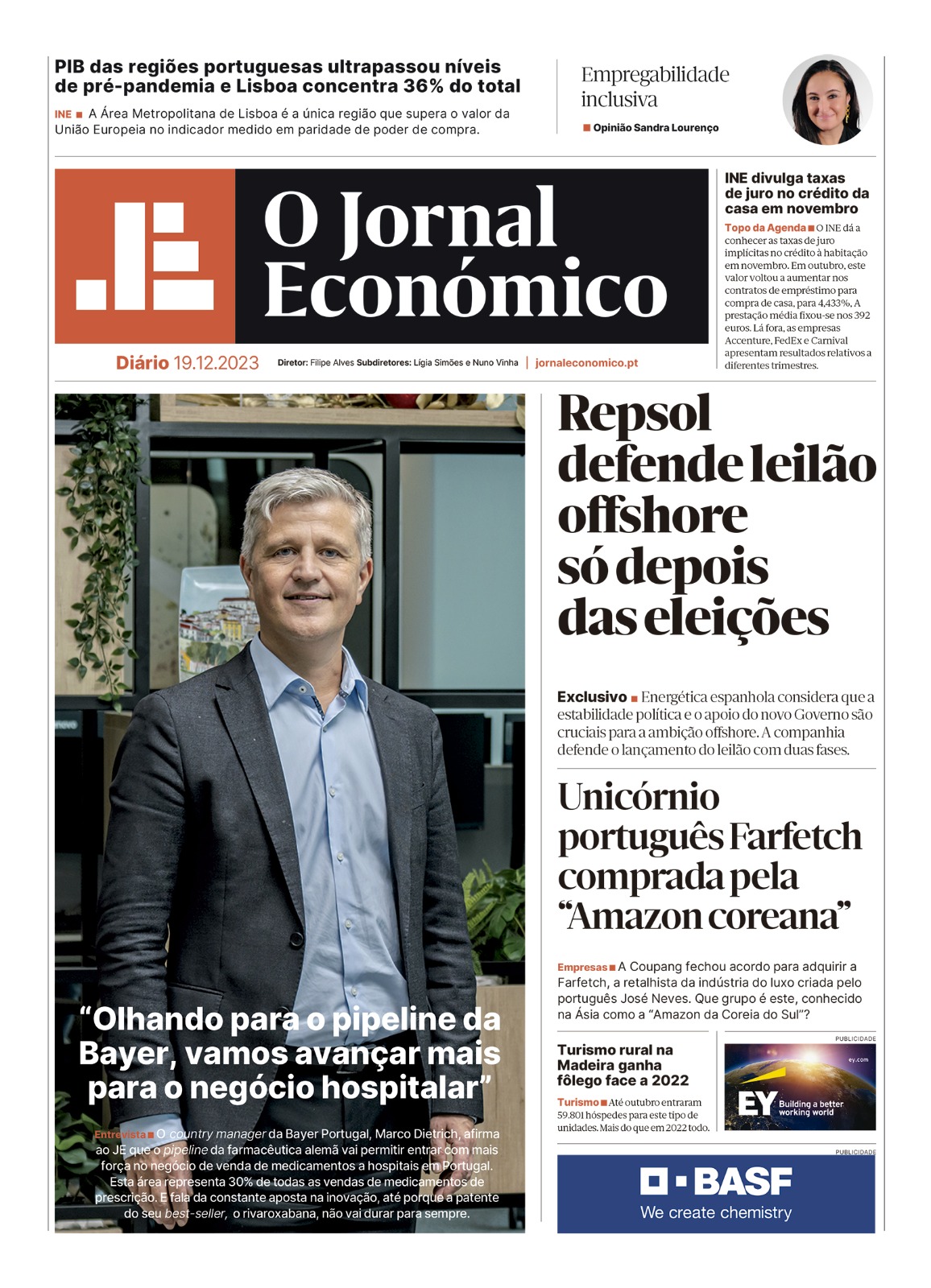 A primeira página do Jornal Económico de 19 de dezembro