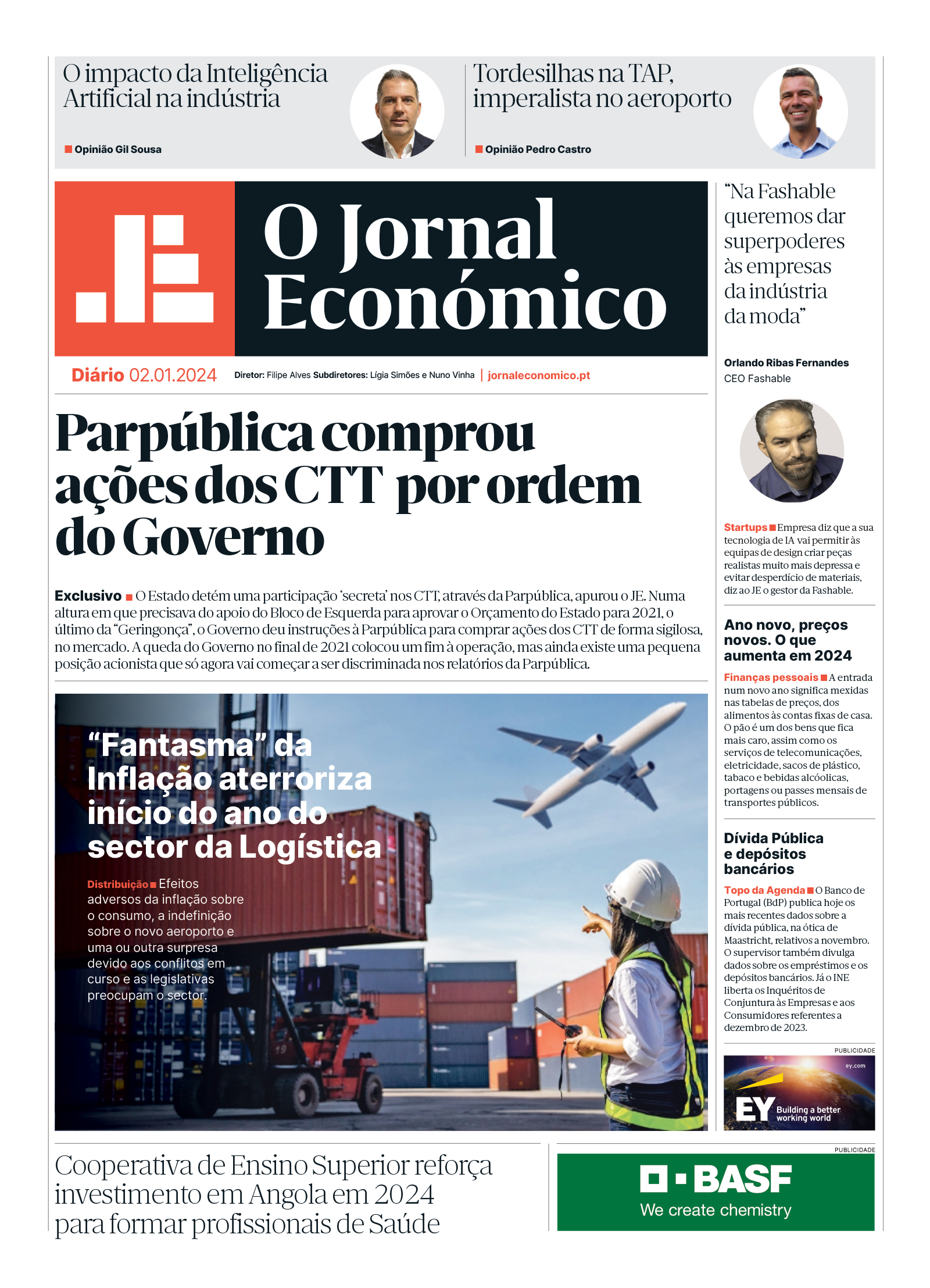 A primeira página do Jornal Económico de 2 de janeiro