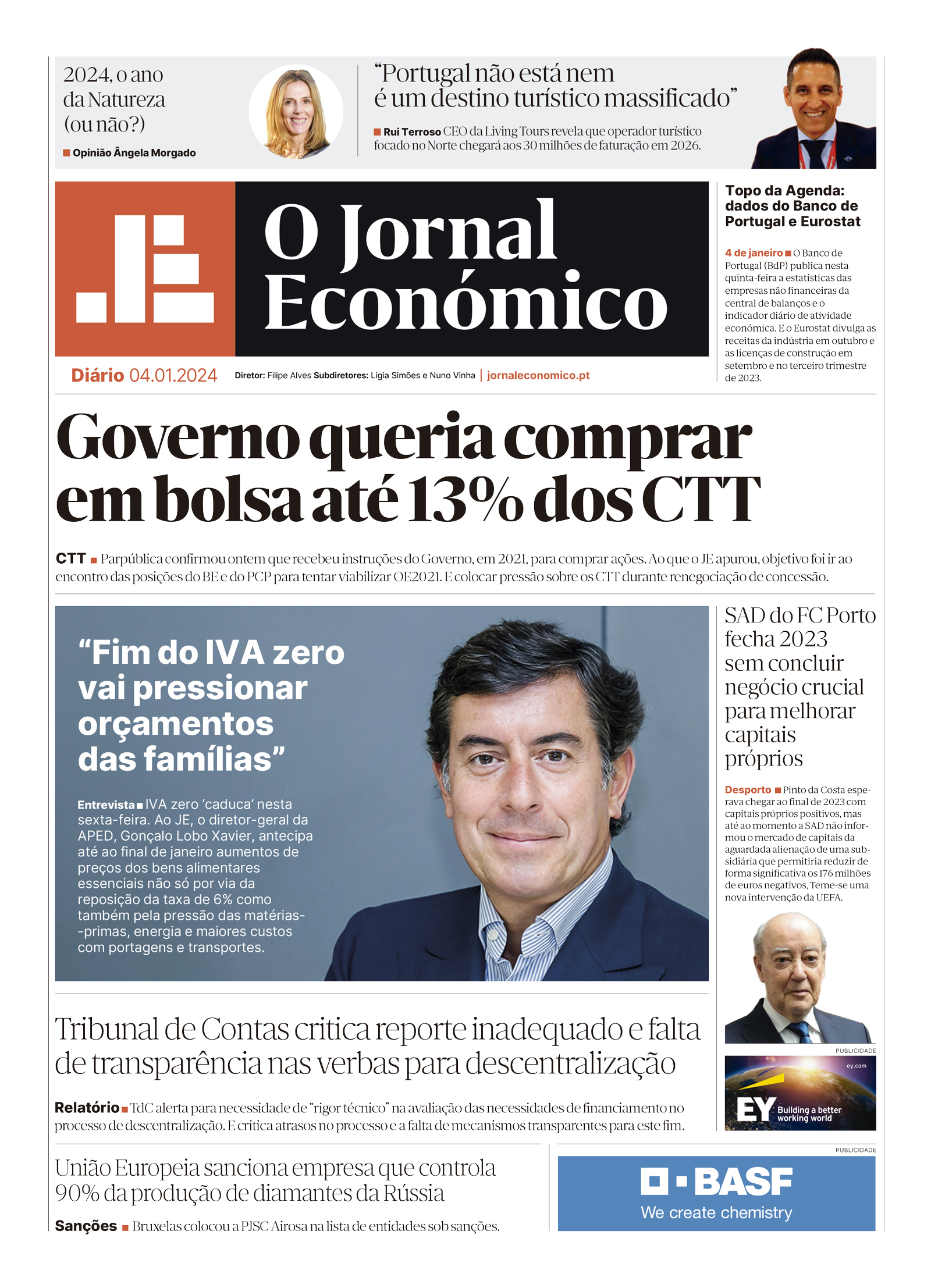 A primeira página do Jornal Económico de 4 de janeiro