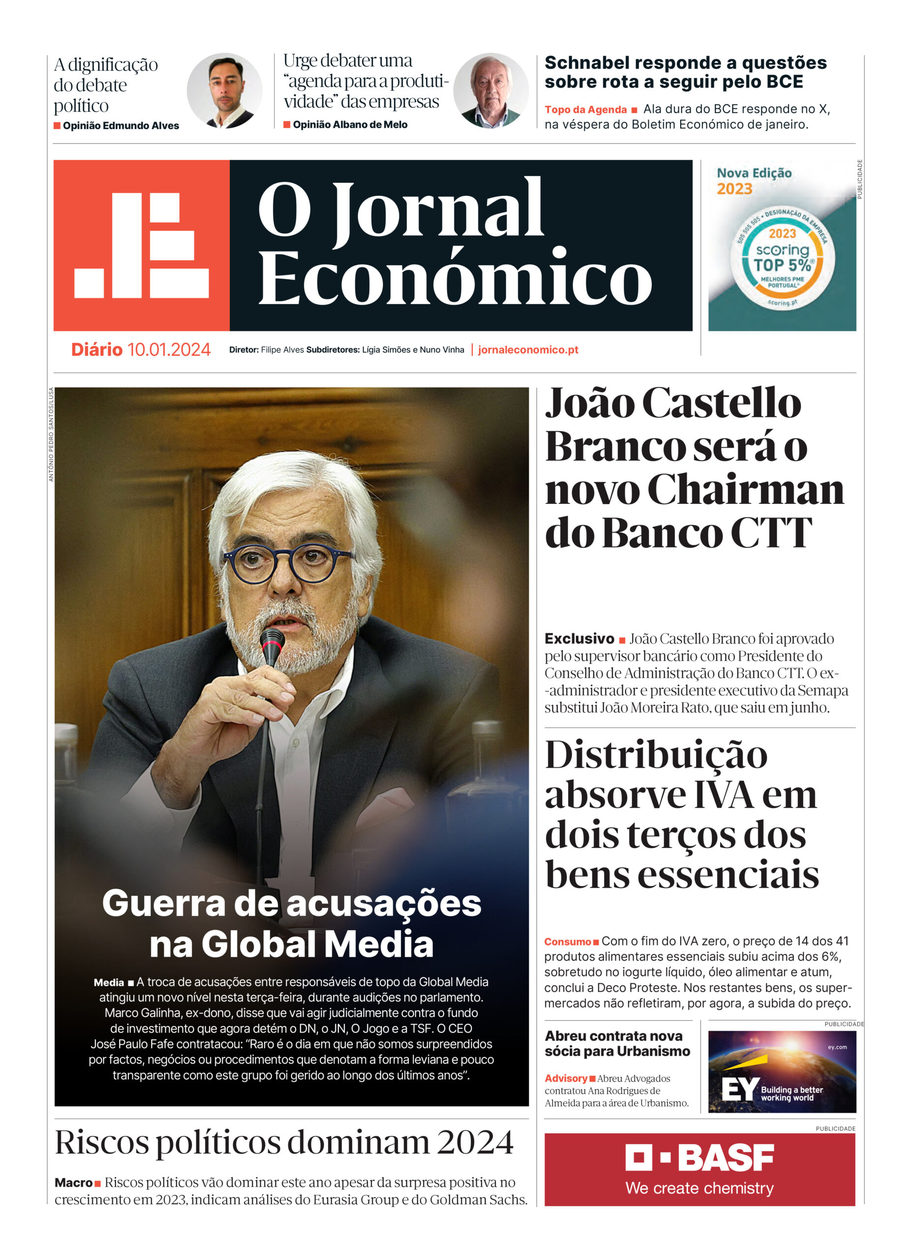 A primeira página do Jornal Económico de 10 de janeiro