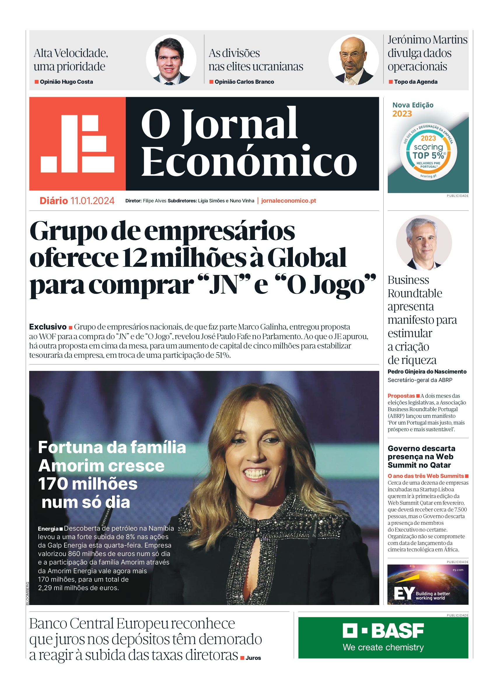 A primeira página do Jornal Económico de 11 de janeiro