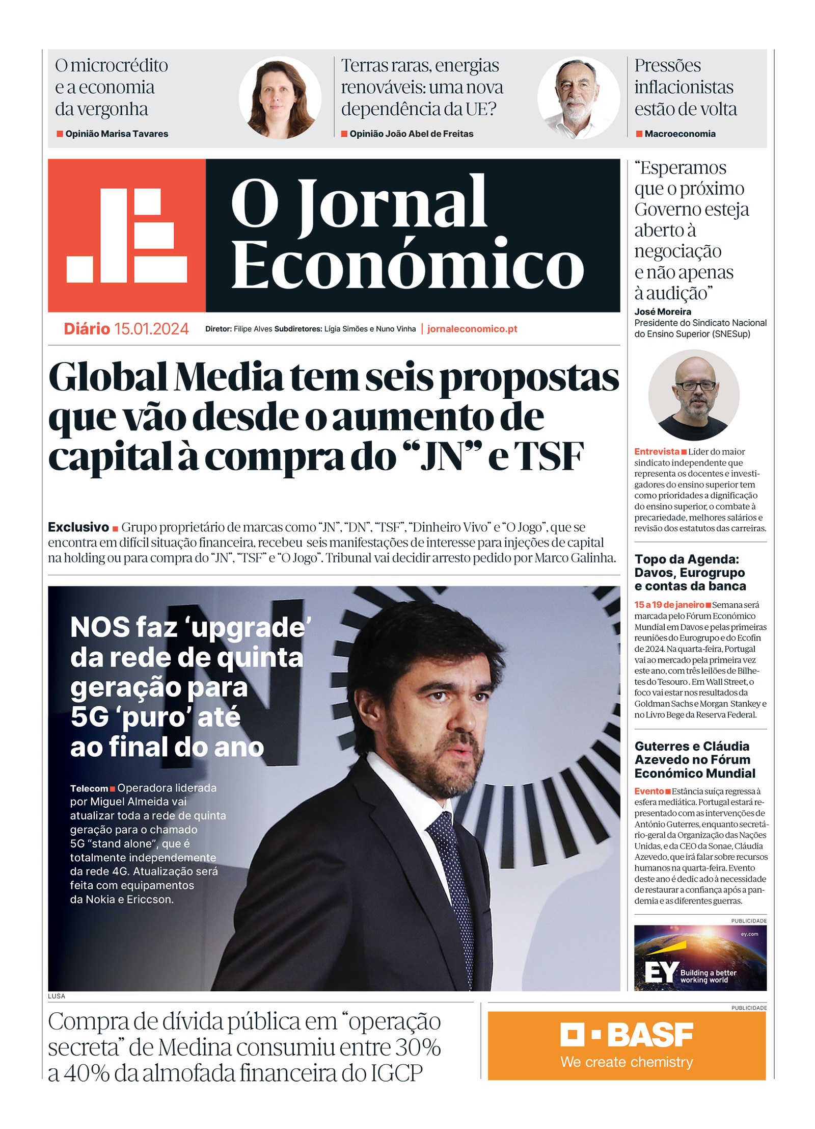 A primeira página do Jornal Económico de 15 de janeiro