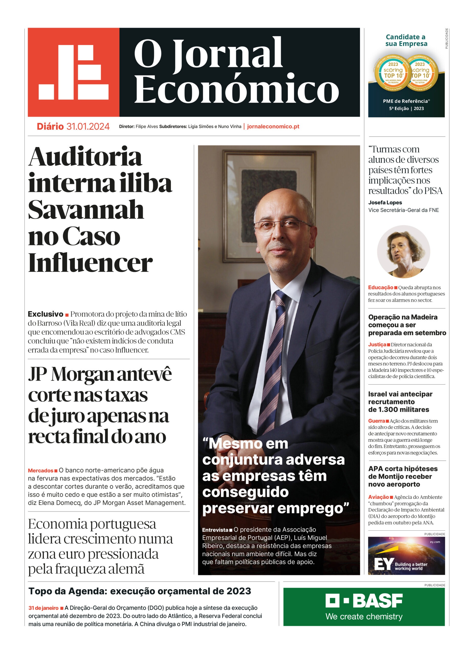 A primeira página do Jornal Económico de 31 de janeiro