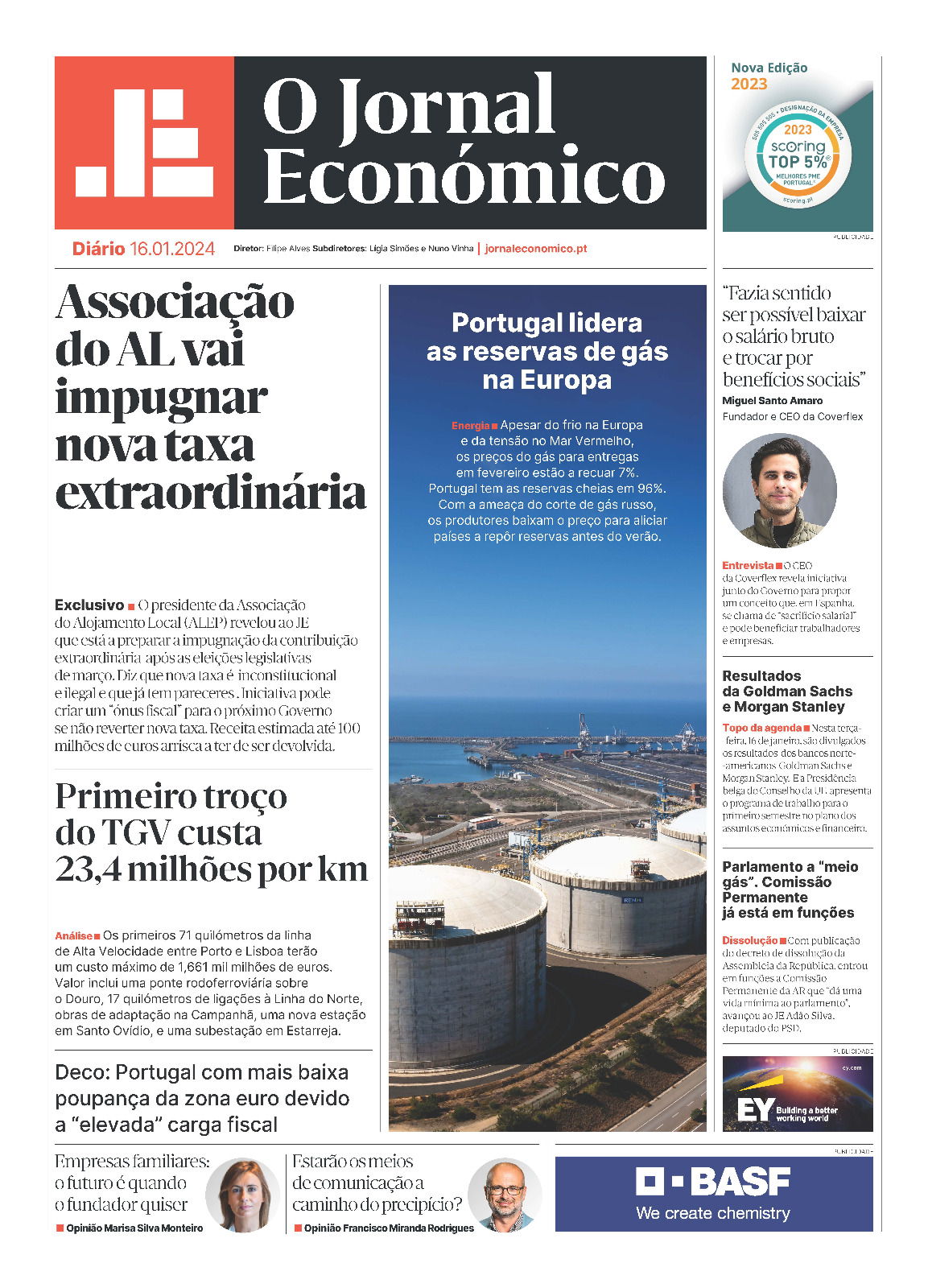 A primeira página do Jornal Económico de 16 de janeiro