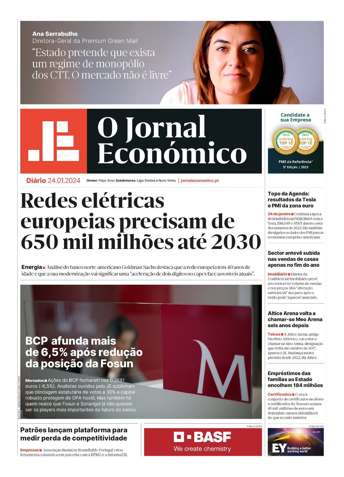 A primeira página do Jornal Económico de 24 de janeiro