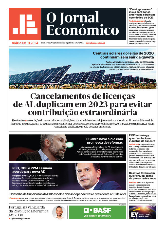 A primeira página do Jornal Económico de 8 de janeiro