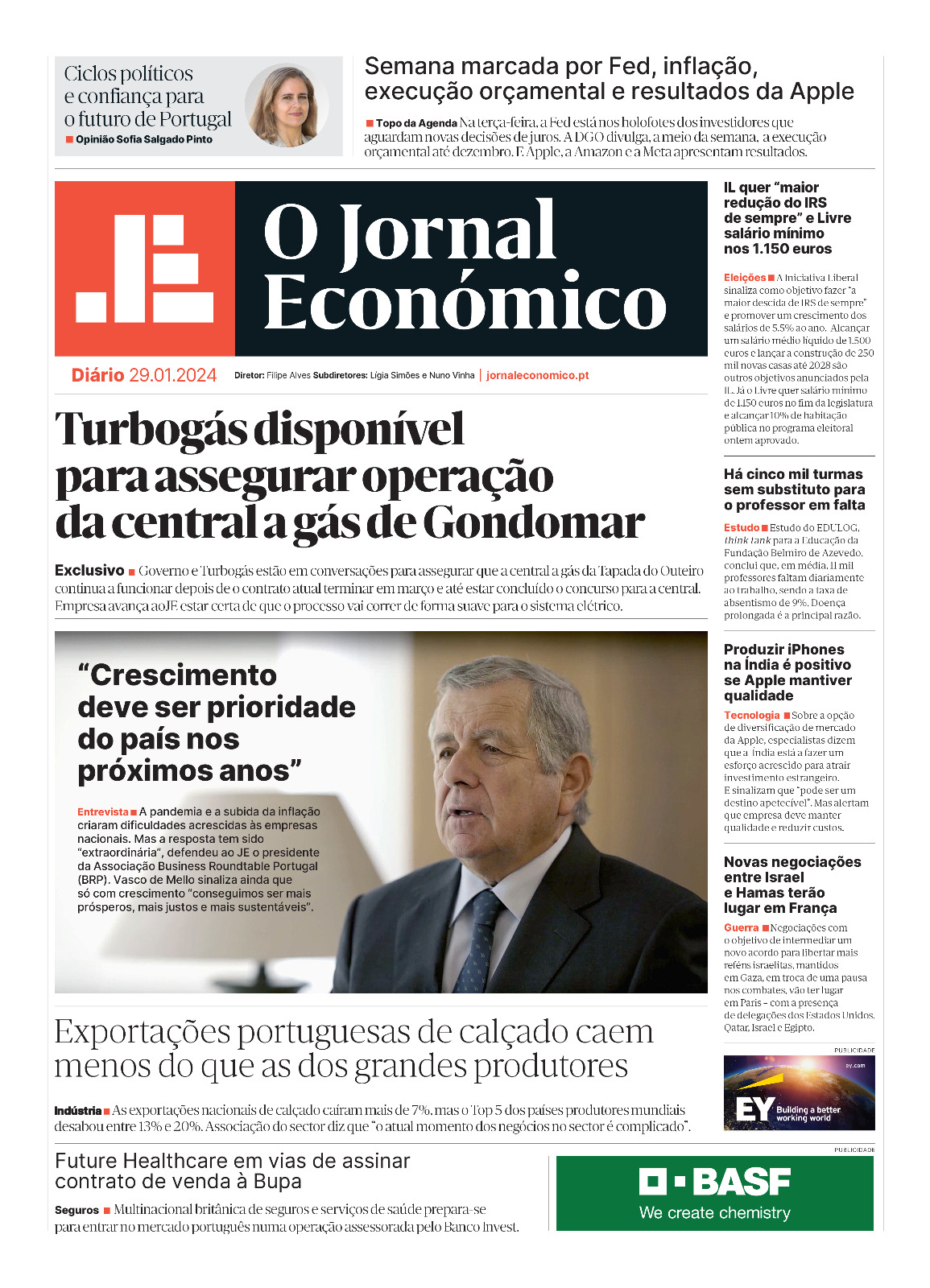 A primeira página do Jornal Económico de 29 de janeiro