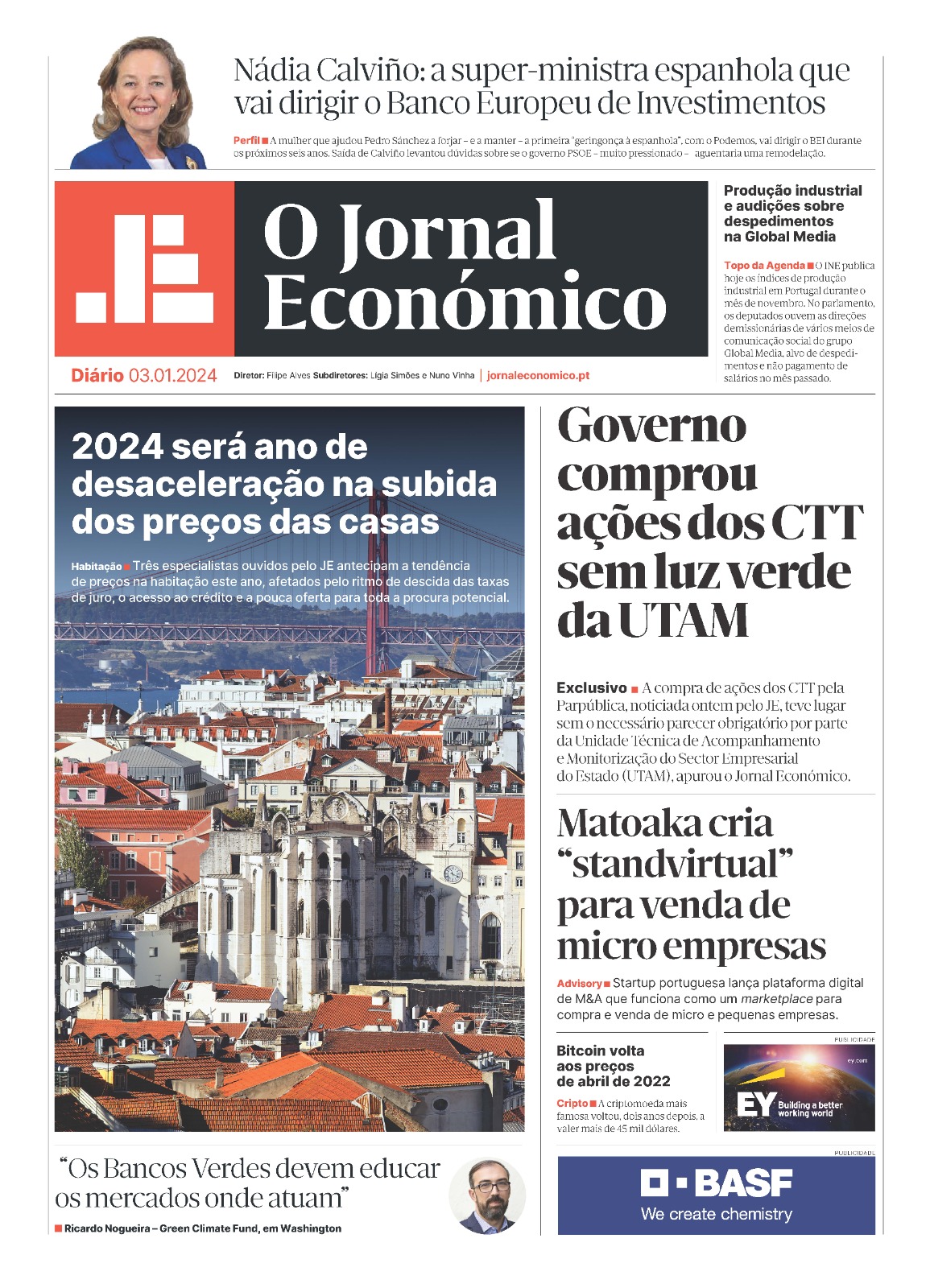 A primeira página do Jornal Económico de 3 de janeiro