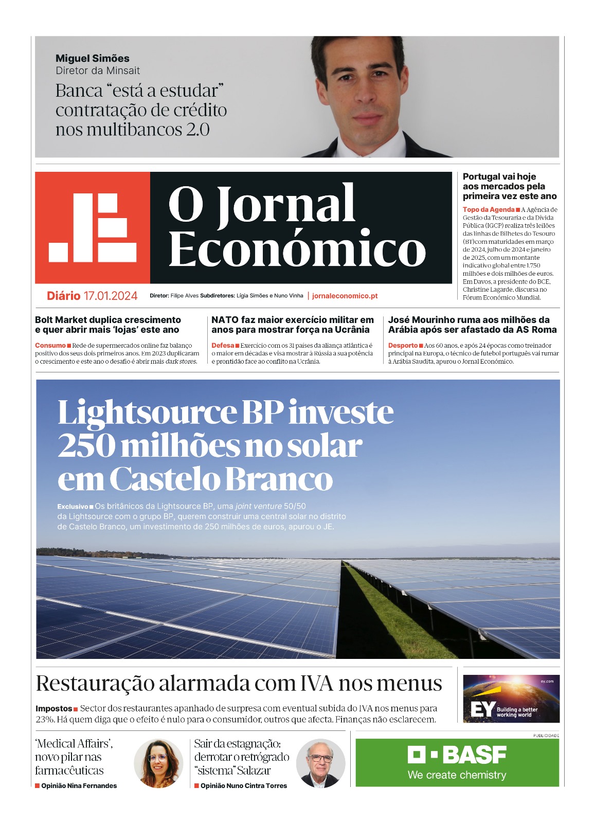 A primeira página do Jornal Económico de 17 de janeiro