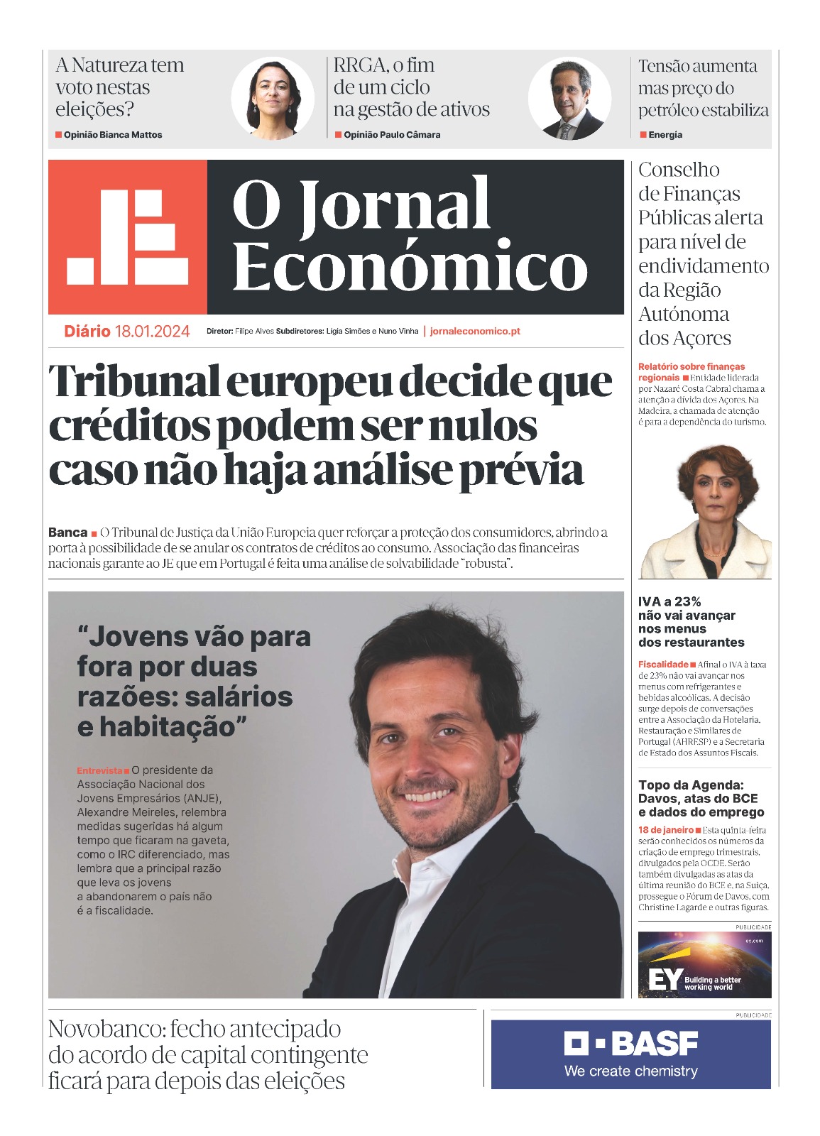 A primeira página do Jornal Económico de 18 de janeiro