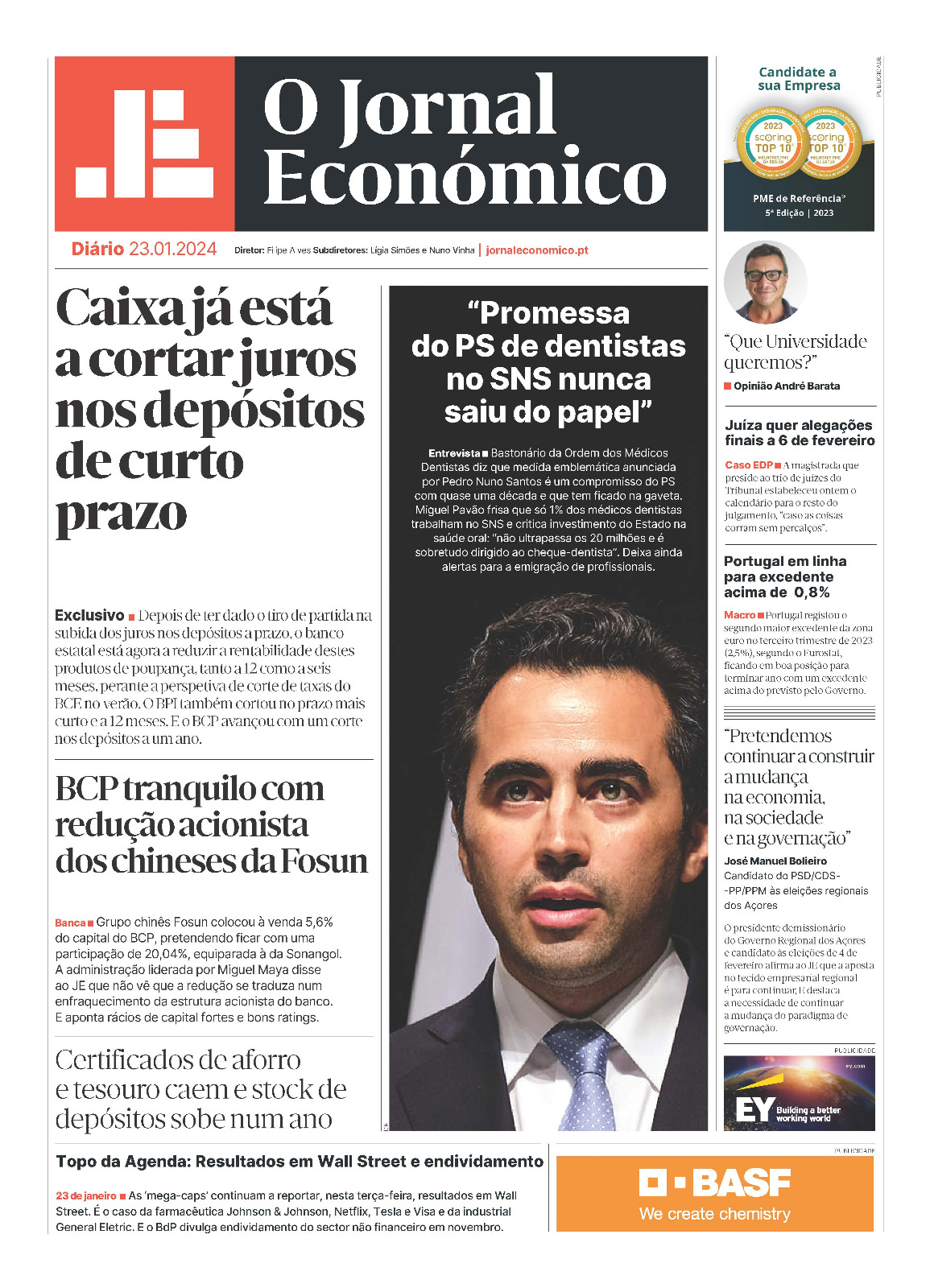 A primeira página do Jornal Económico de 23 de janeiro