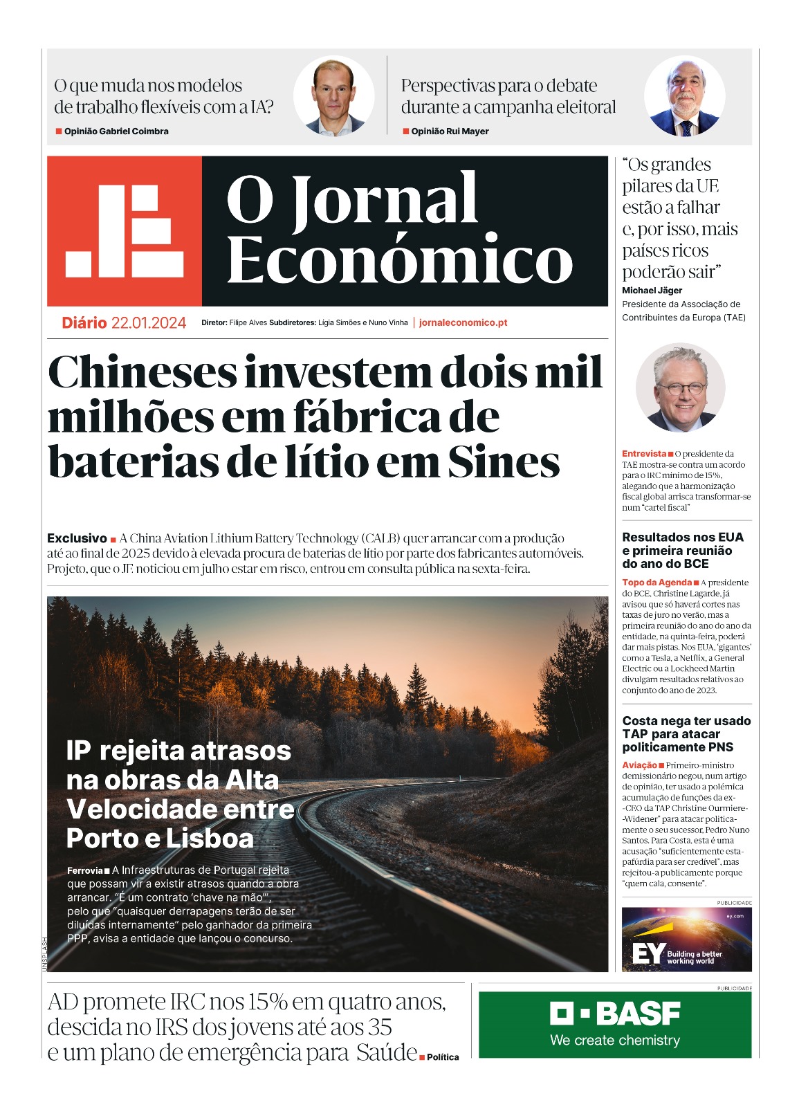 A primeira página do Jornal Económico de 22 de janeiro