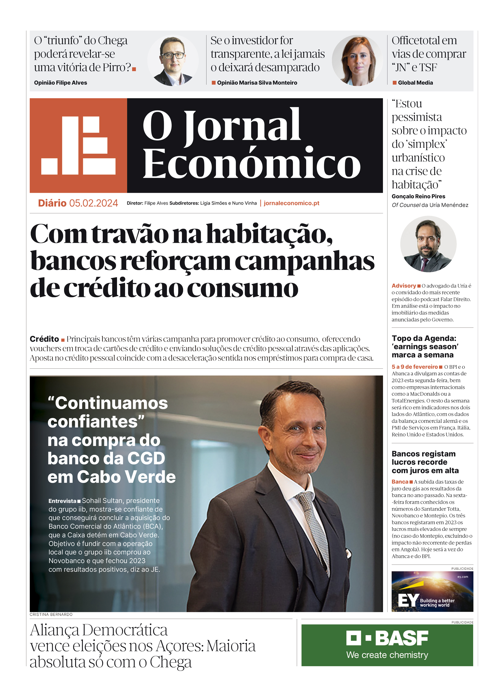 A primeira página do Jornal Económico de 5 de fevereiro