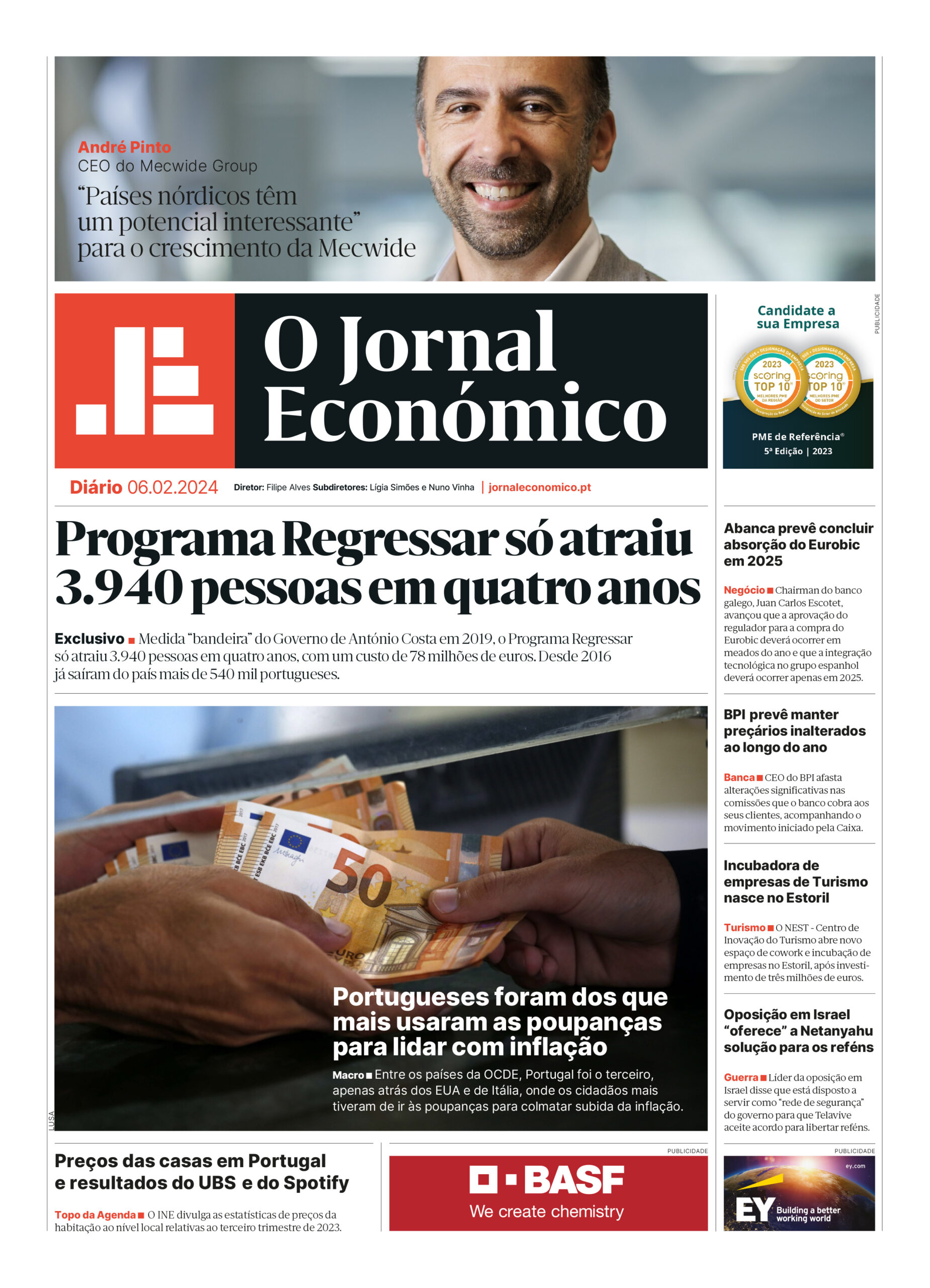 A primeira página do Jornal Económico de 6 de fevereiro