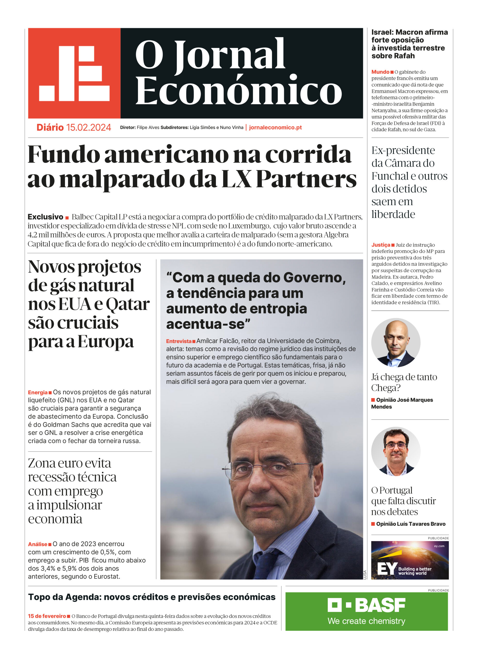 A primeira página do Jornal Económico de 15 de fevereiro