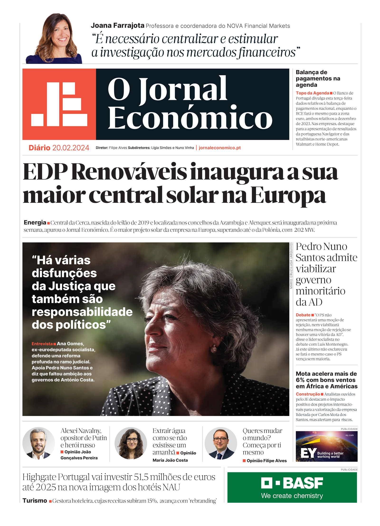 A primeira página do Jornal Económico de 20 de fevereiro