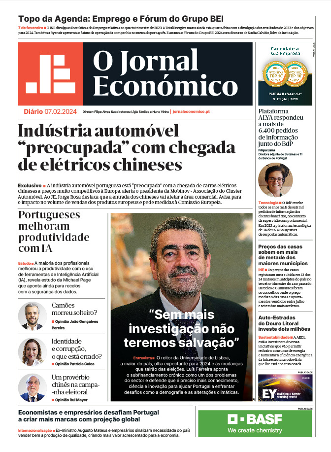 A primeira página do Jornal Económico de 7 de fevereiro