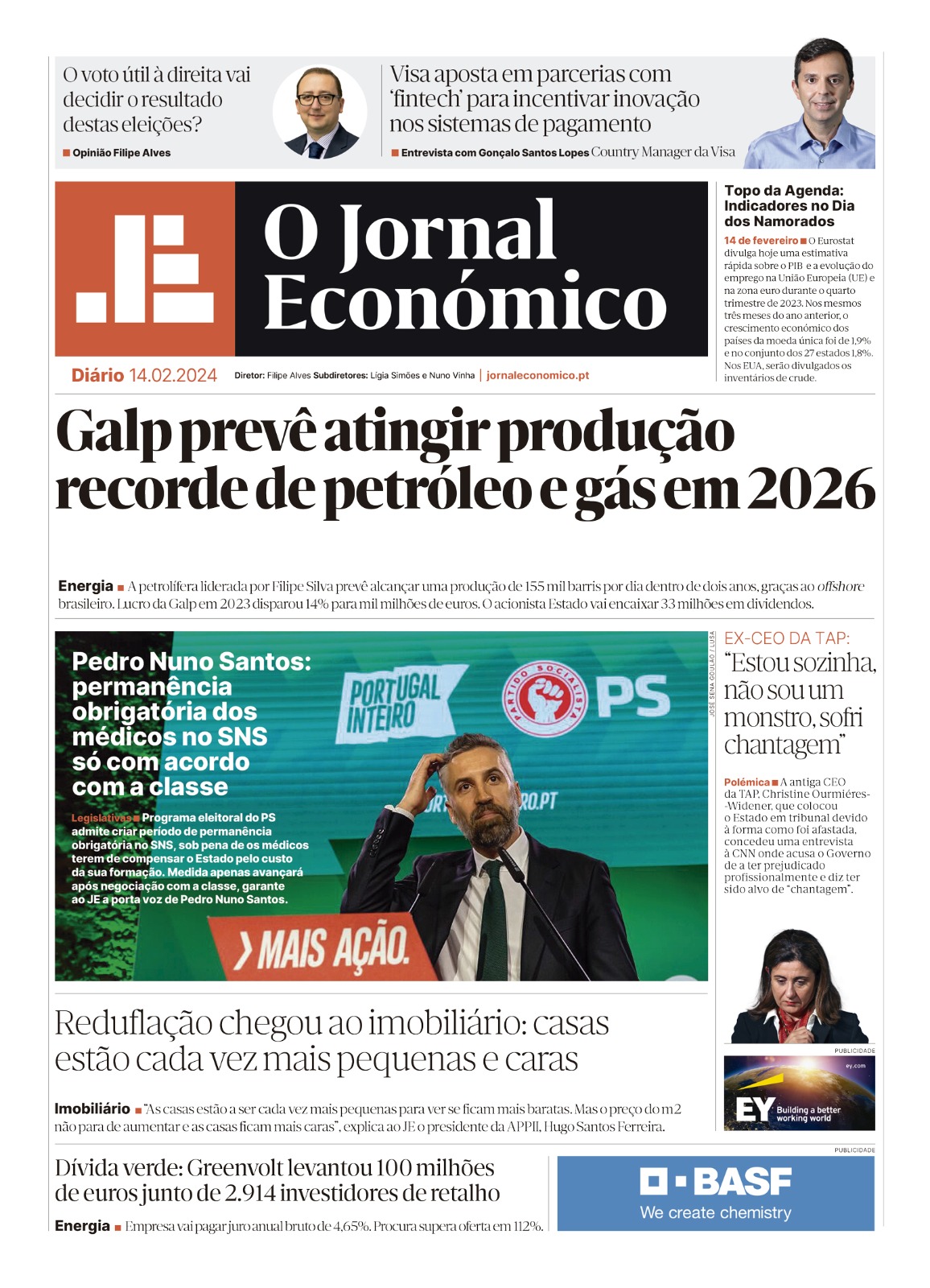 A primeira página do Jornal Económico de 14 de fevereiro