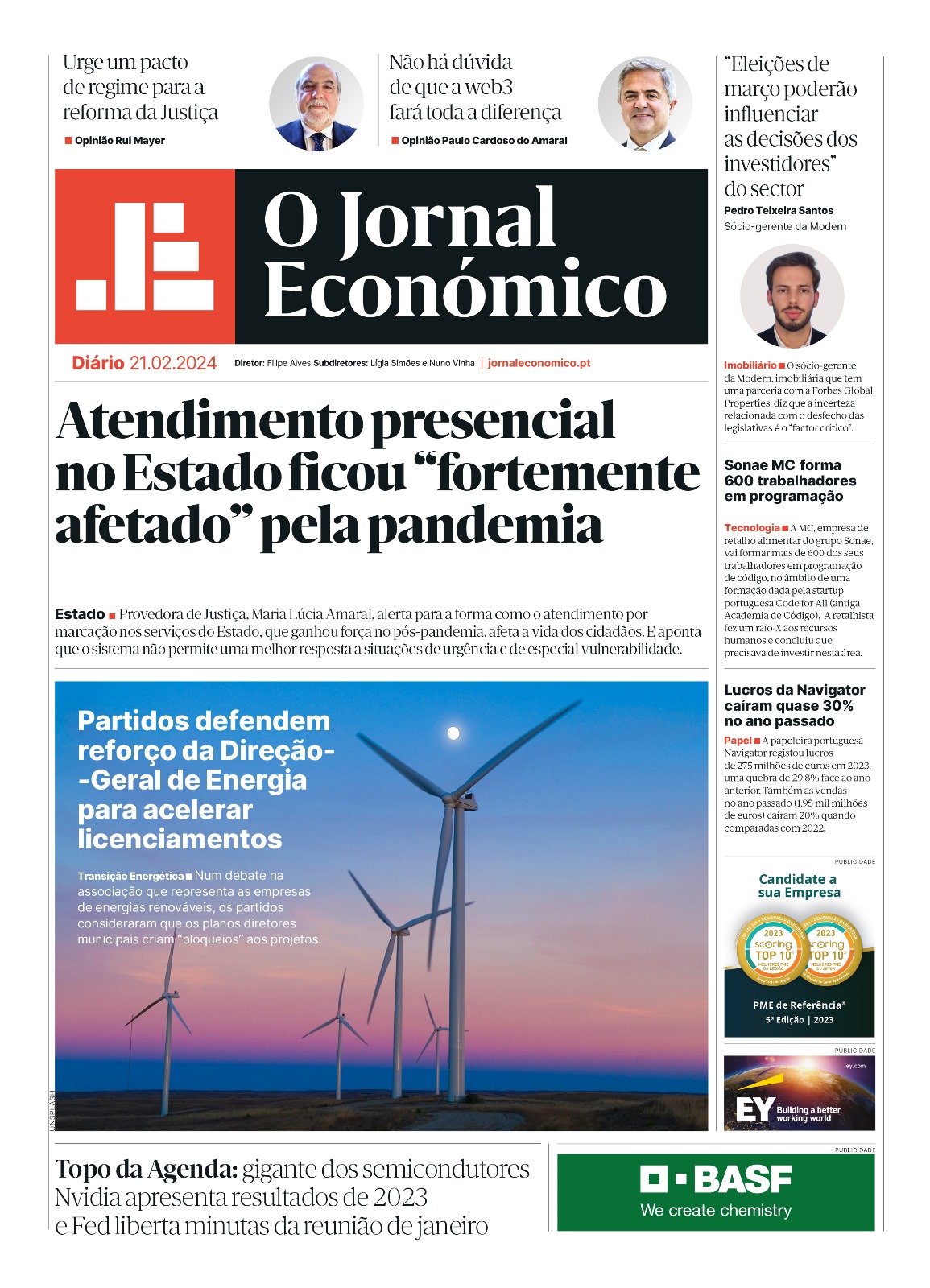 A primeira página do Jornal Económico de 21 de fevereiro