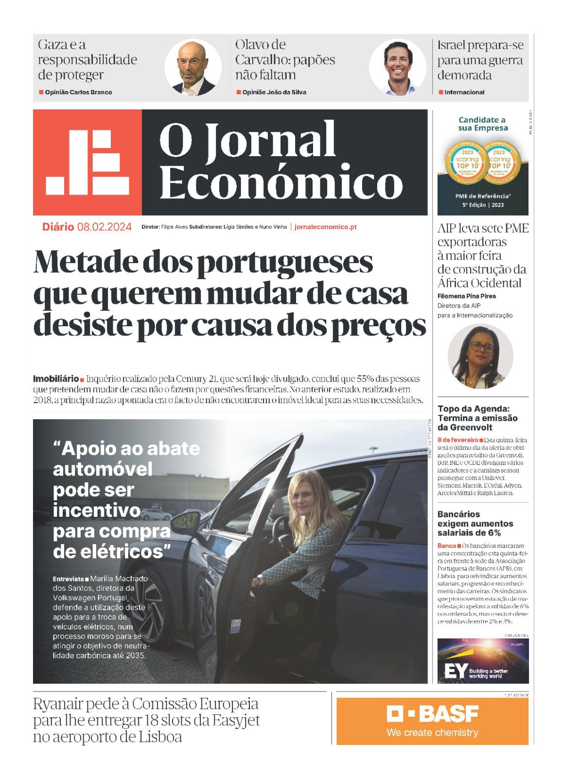 A primeira página do Jornal Económico de 8 de fevereiro