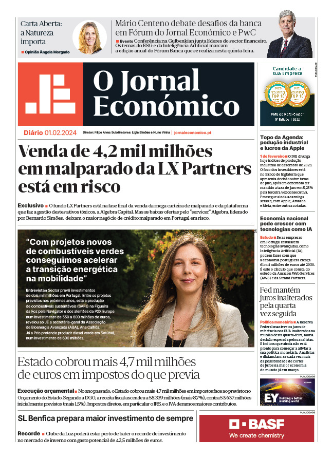 A primeira página do Jornal Económico de 1 de fevereiro