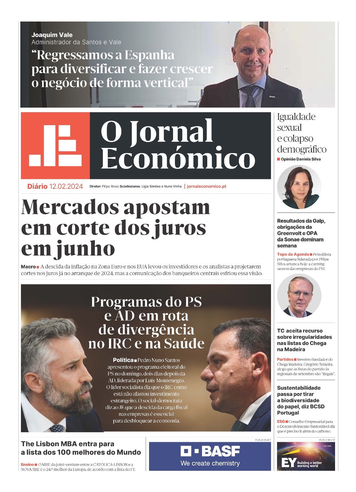 A primeira página do Jornal Económico de 12 de fevereiro