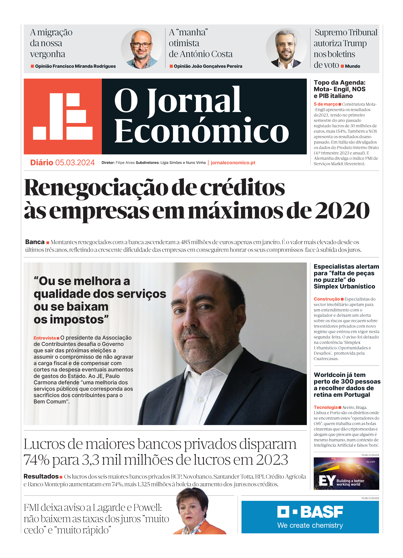 A primeira página do Jornal Económico de 5 de março