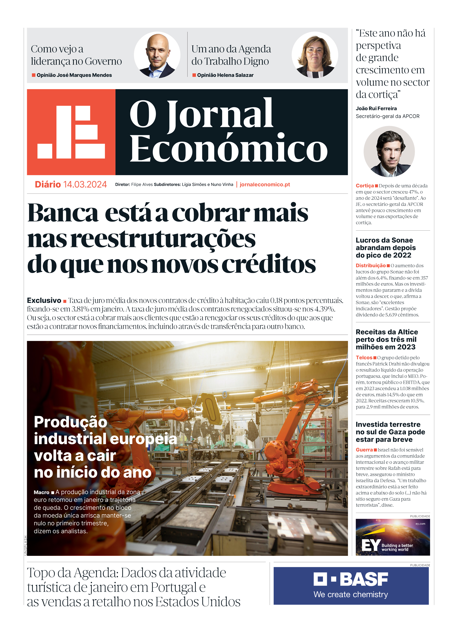 A primeira página do Jornal Económico de 14 de março