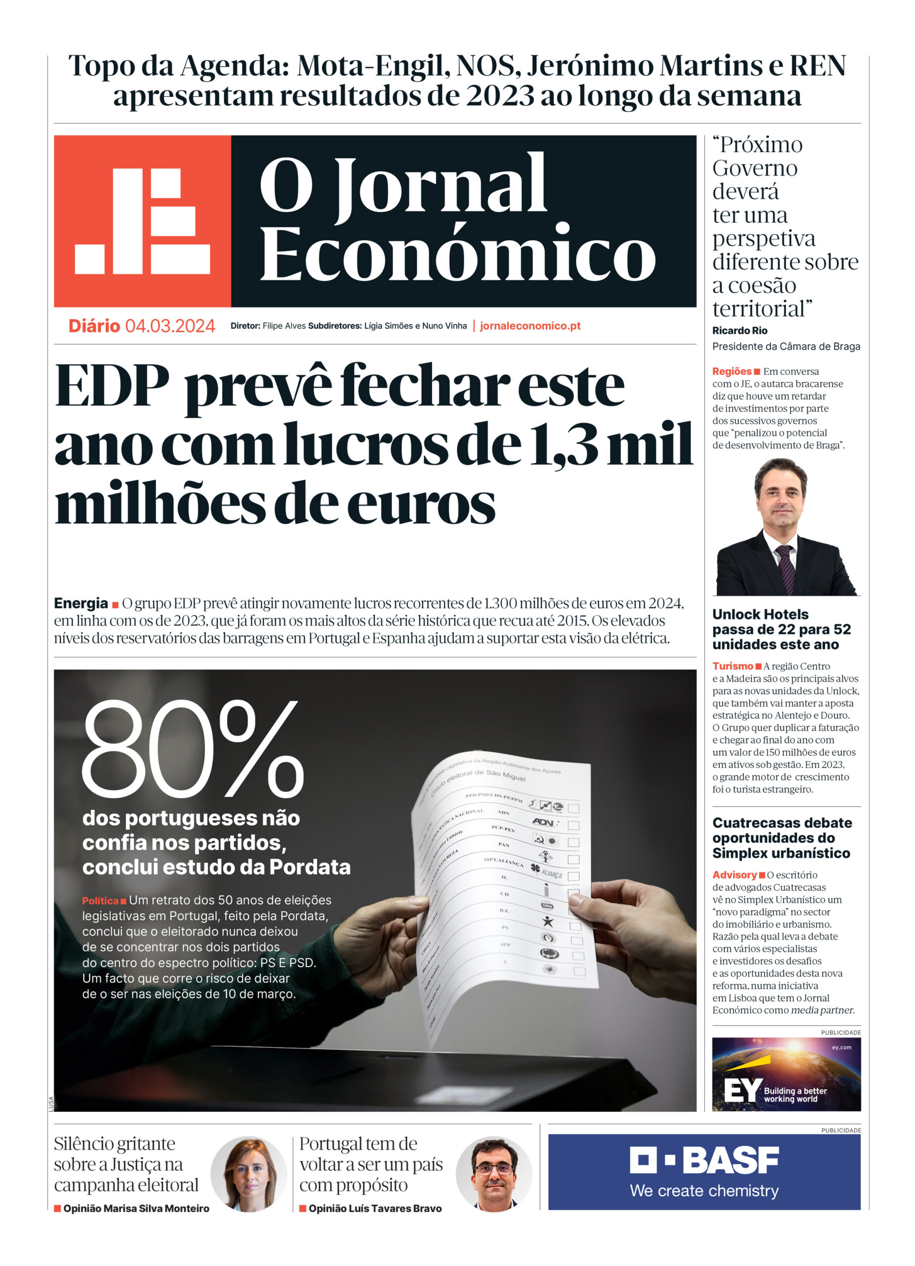 A primeira página do Jornal Económico de 4 de março