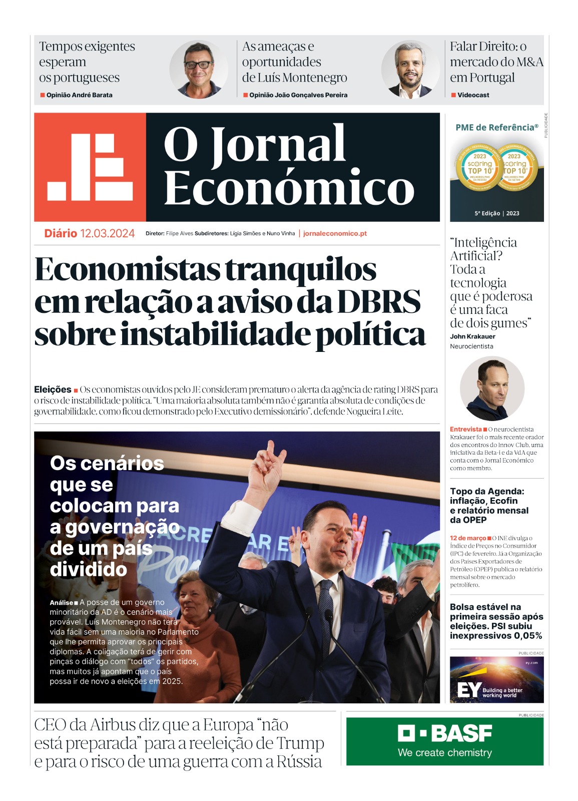 A primeira página do Jornal Económico de 12 de março