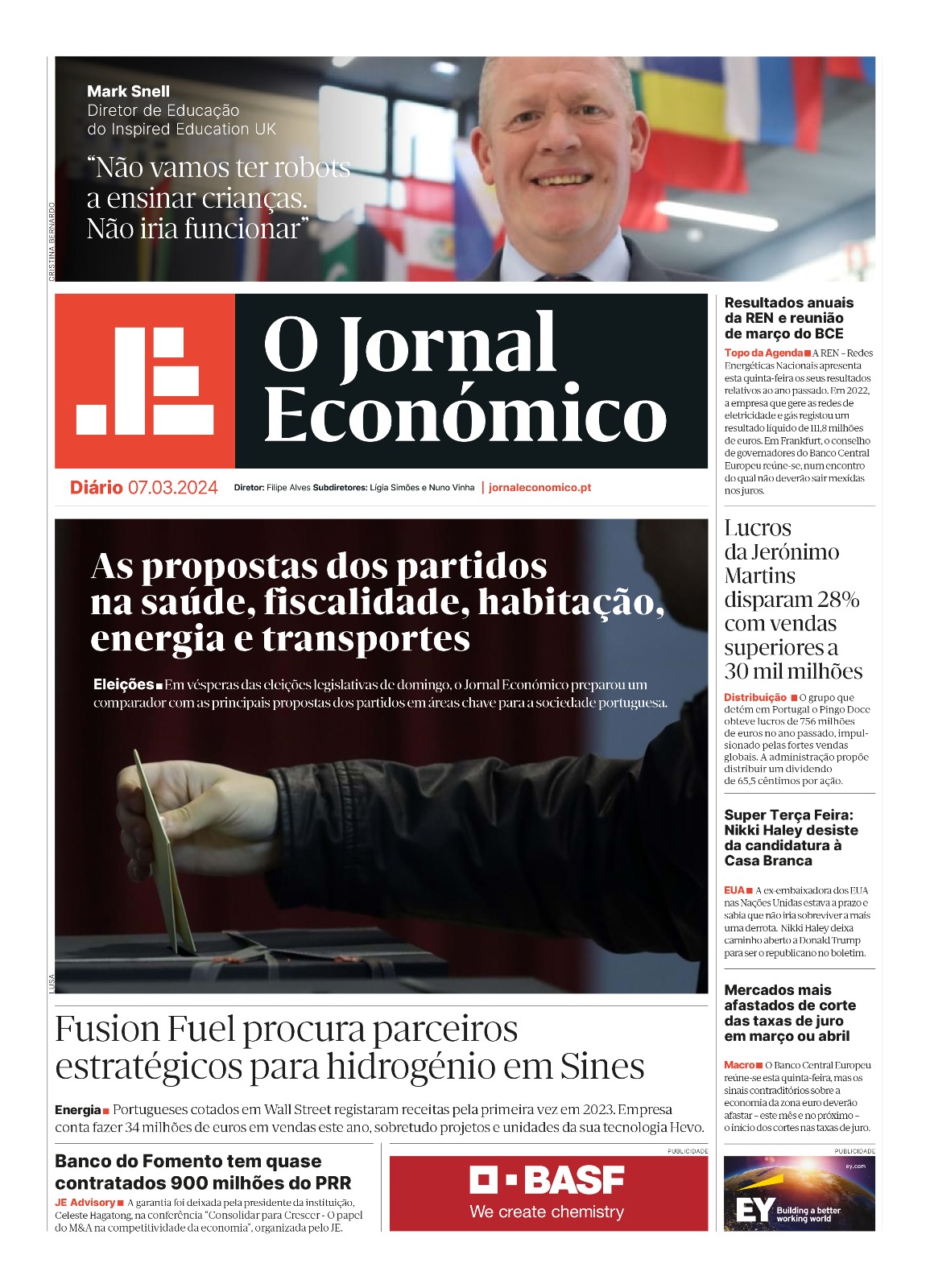 A primeira página do Jornal Económico de 7 de março