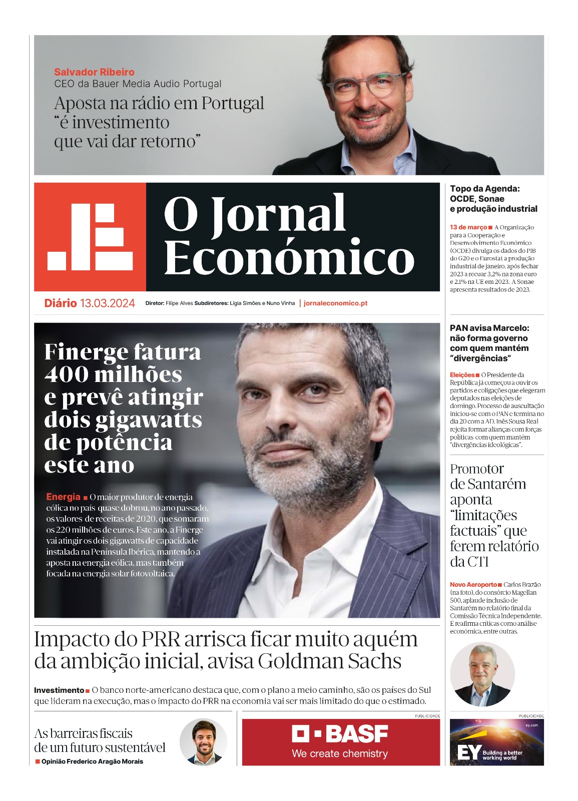 A primeira página do Jornal Económico de 13 de março