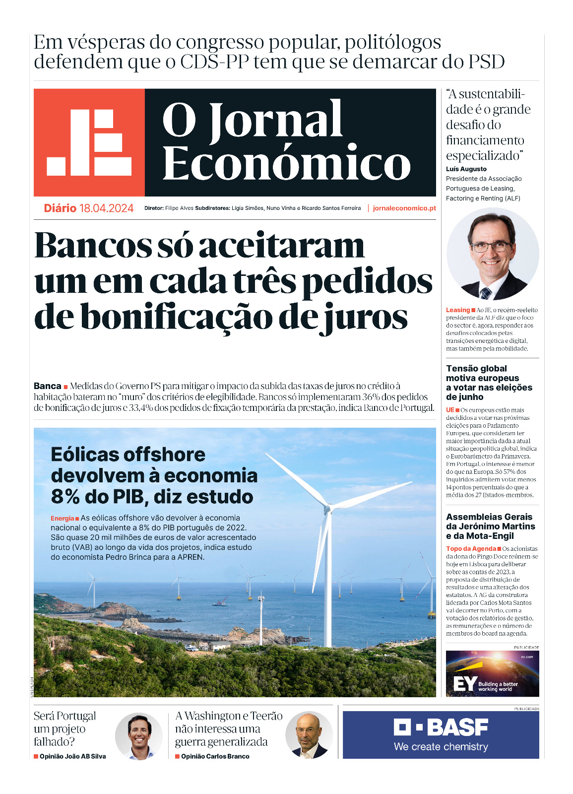 A primeira página do Jornal Económico de 18 de abril