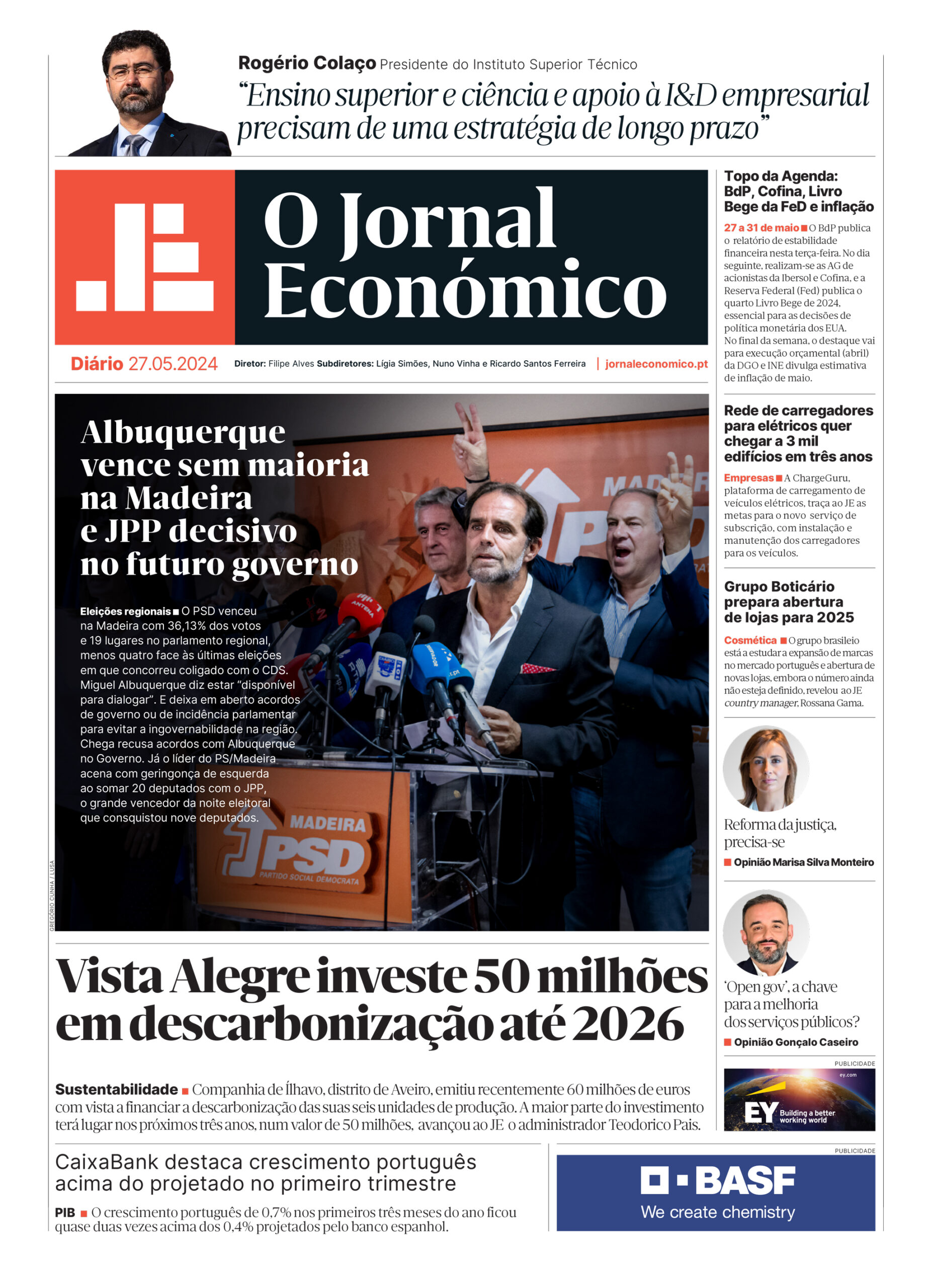 A primeira página do Jornal Económico de 27 de maio