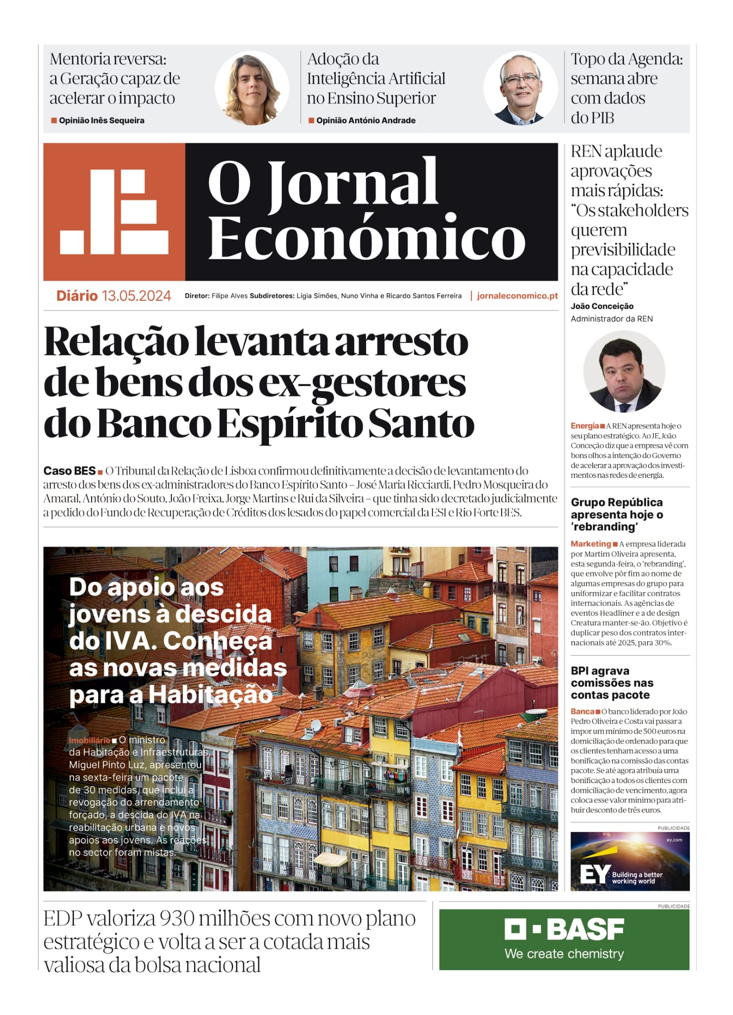 A primeira página do Jornal Económico de 13 de maio