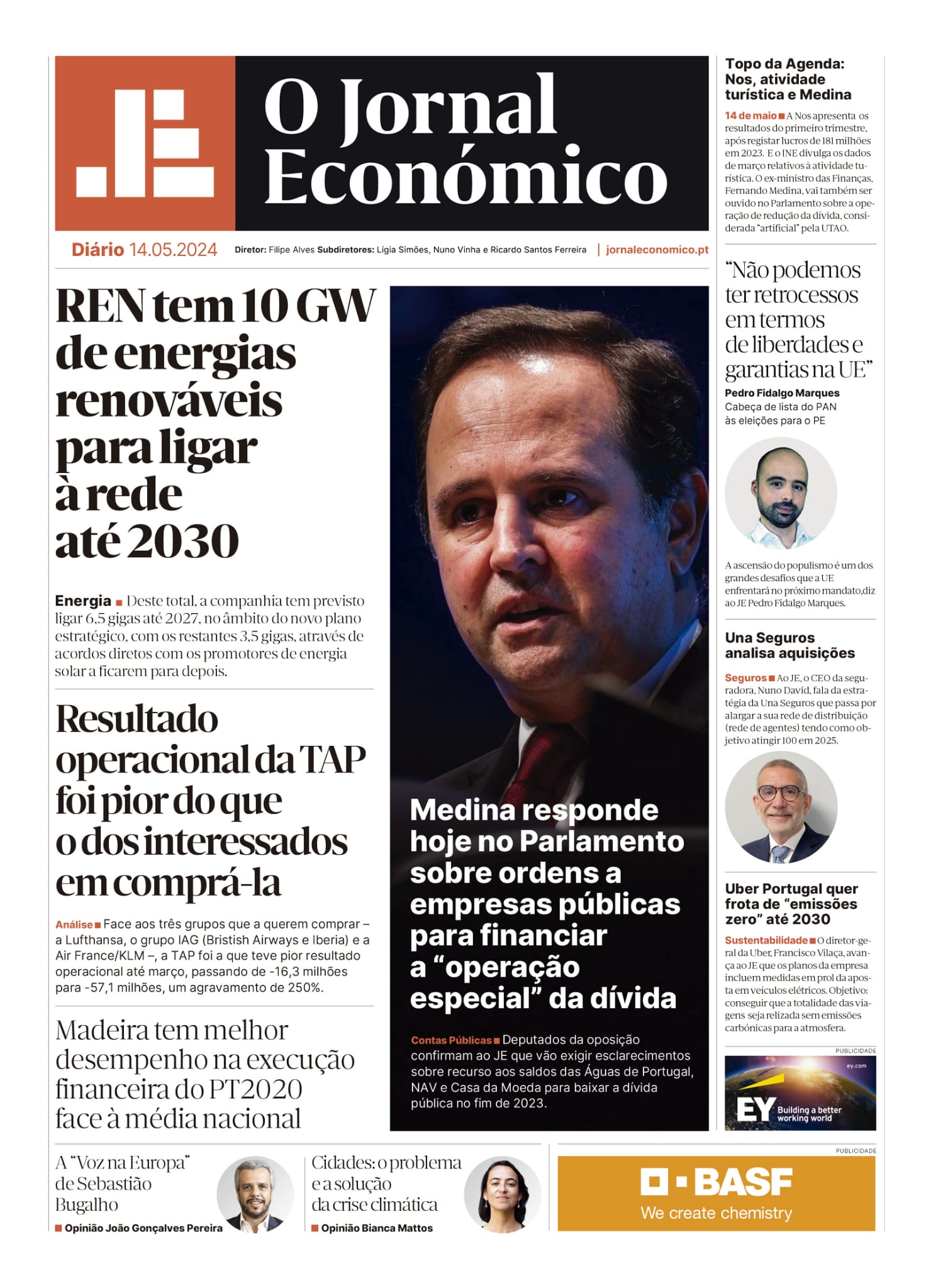 A primeira página do Jornal Económico de 14 de maio