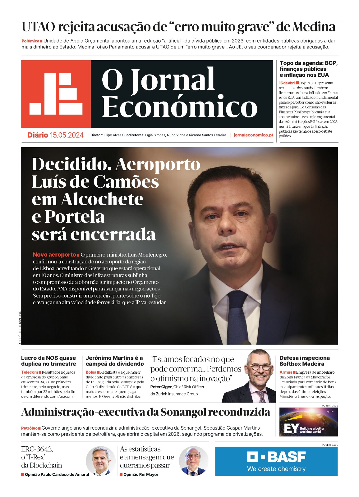 A primeira página do Jornal Económico de 15 de maio