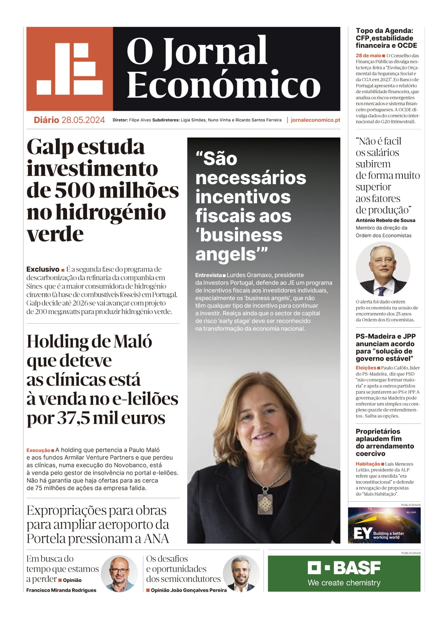 A primeira página do Jornal Económico de 28 de maio