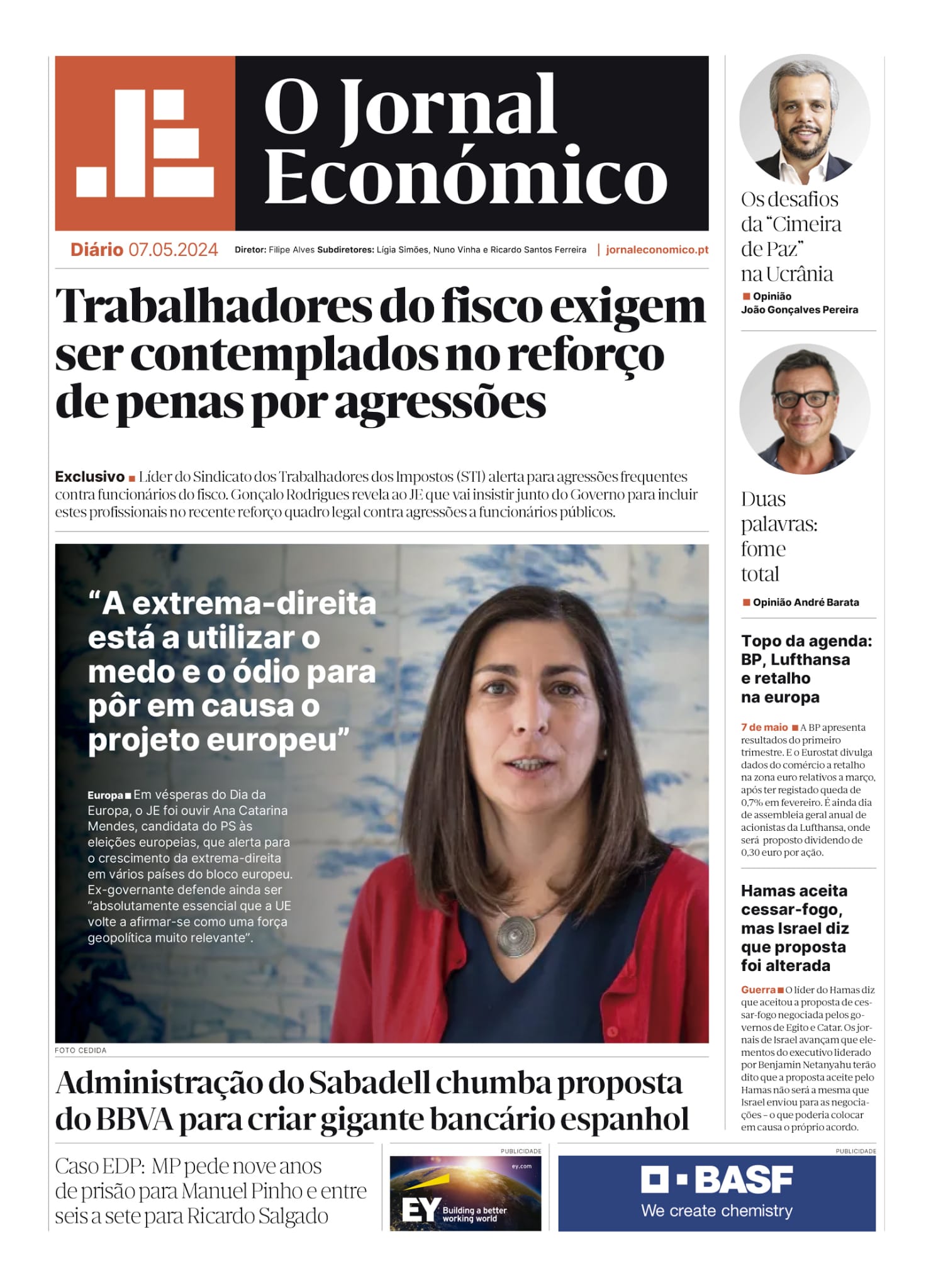 A primeira página do Jornal Económico de 7 de maio