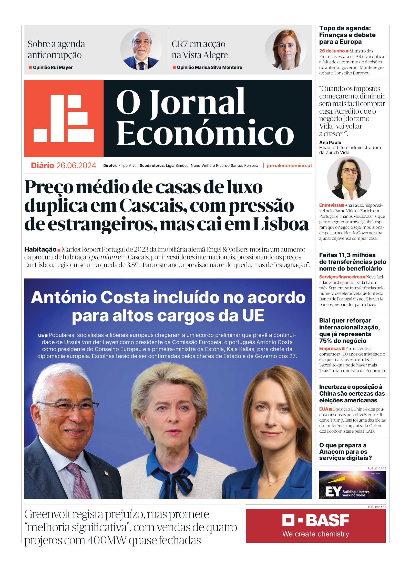 A primeira página do Jornal Económico de 26 de junho