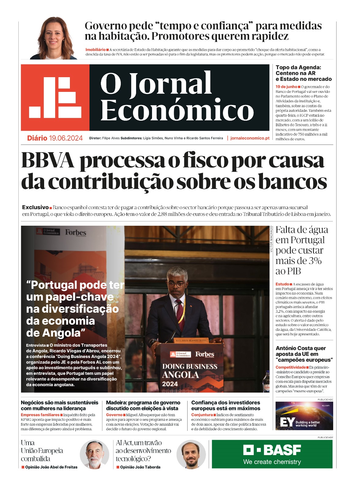 A primeira página do Jornal Económico de 19 de junho