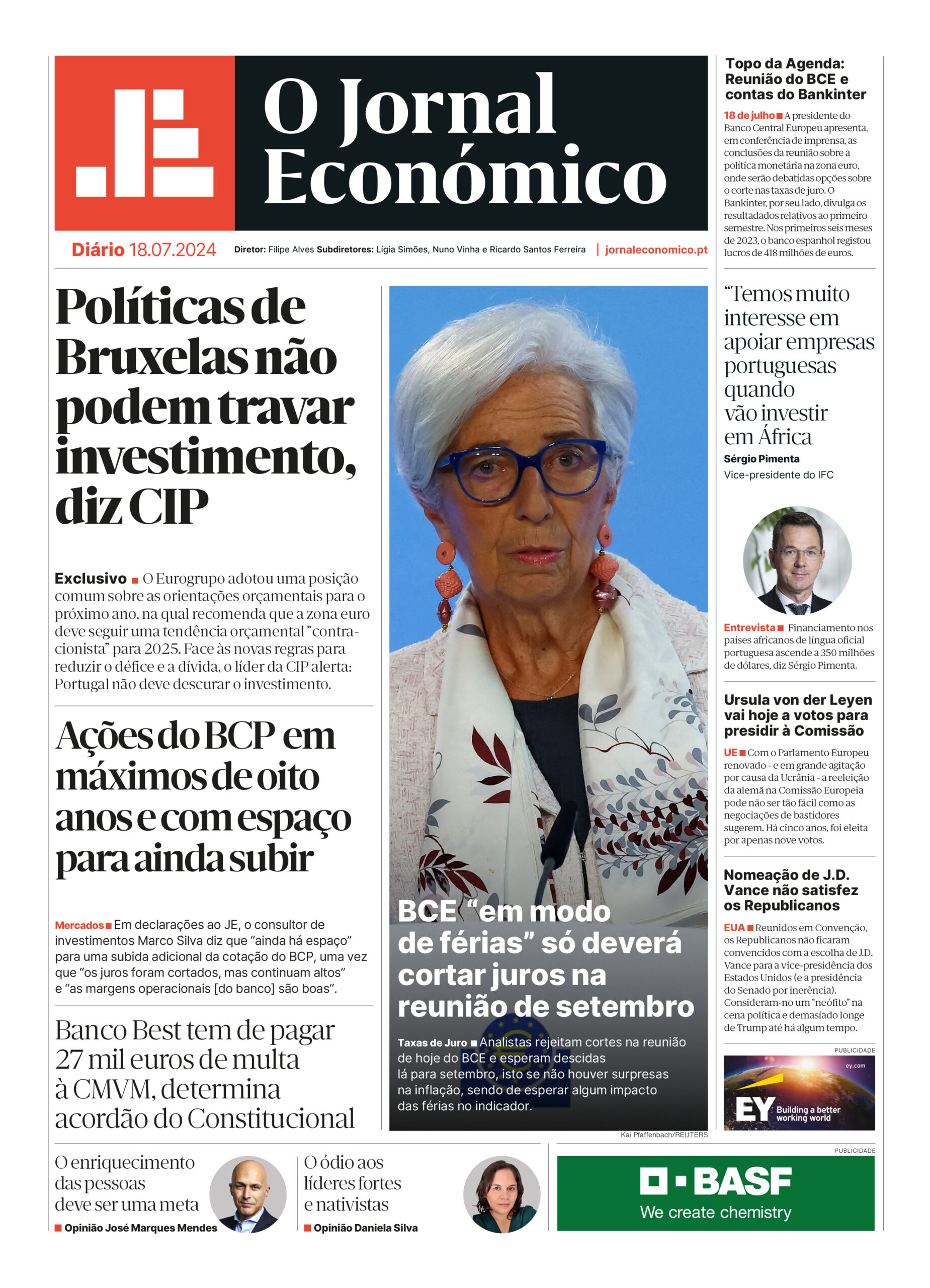 A primeira página do Jornal Económico de 18 de julho