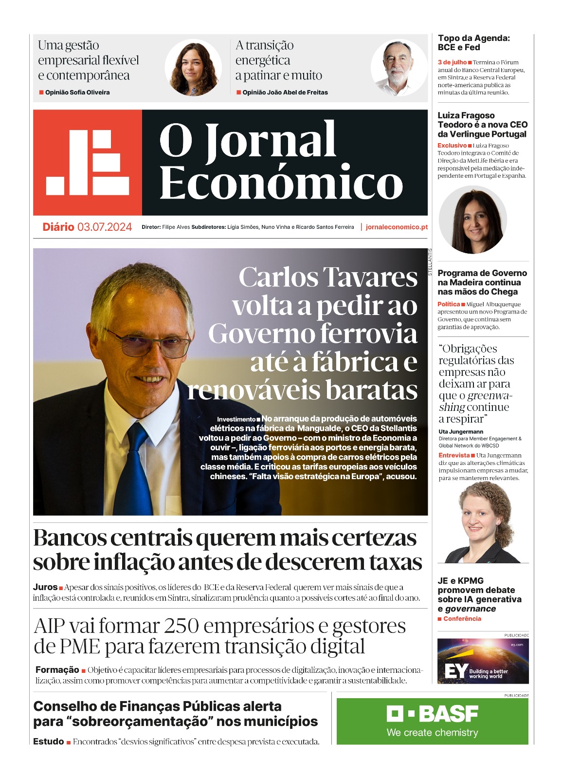 A primeira página do Jornal Económico de 3 de julho
