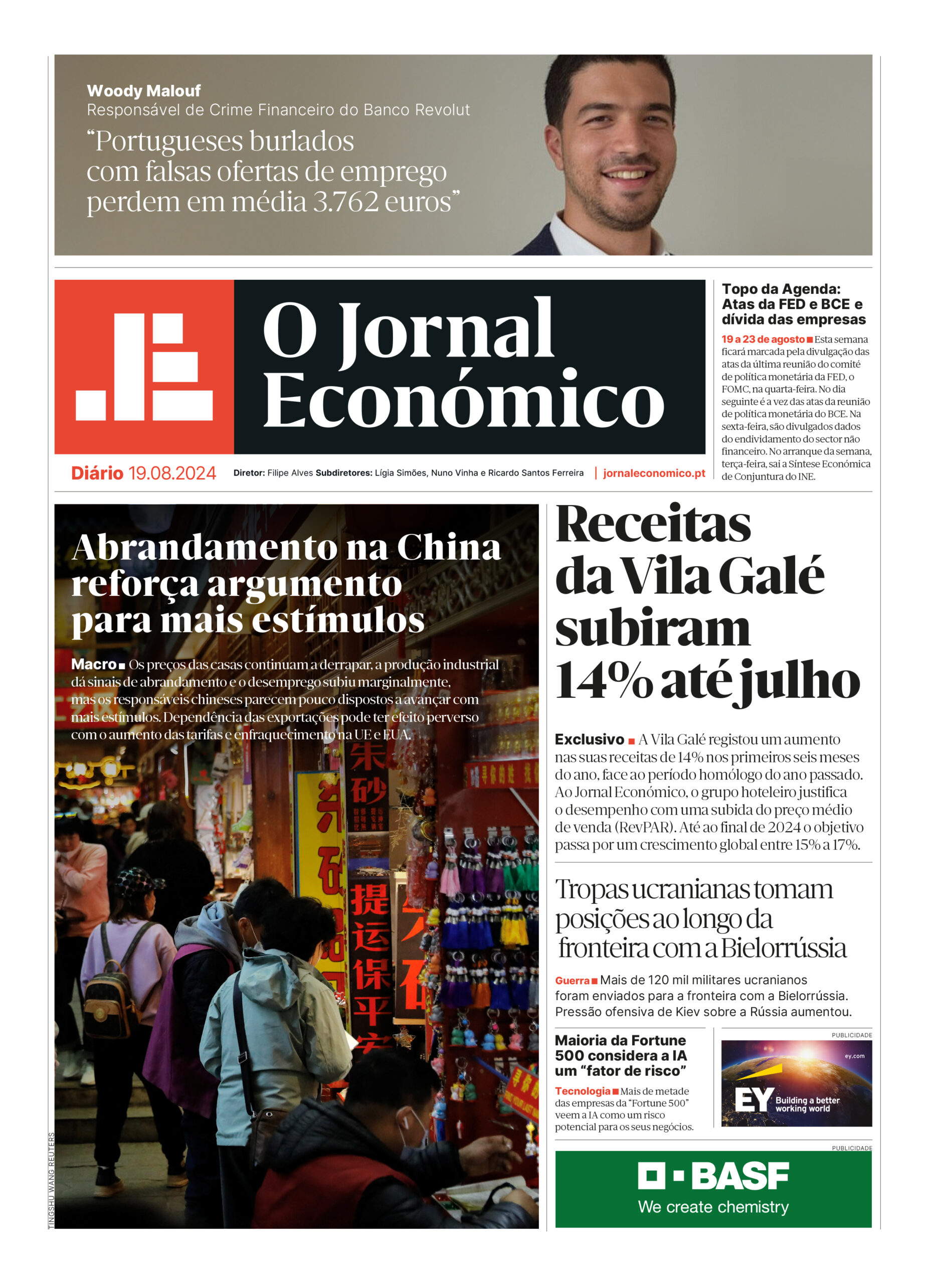 A primeira página do Jornal Económico de 19 de agosto