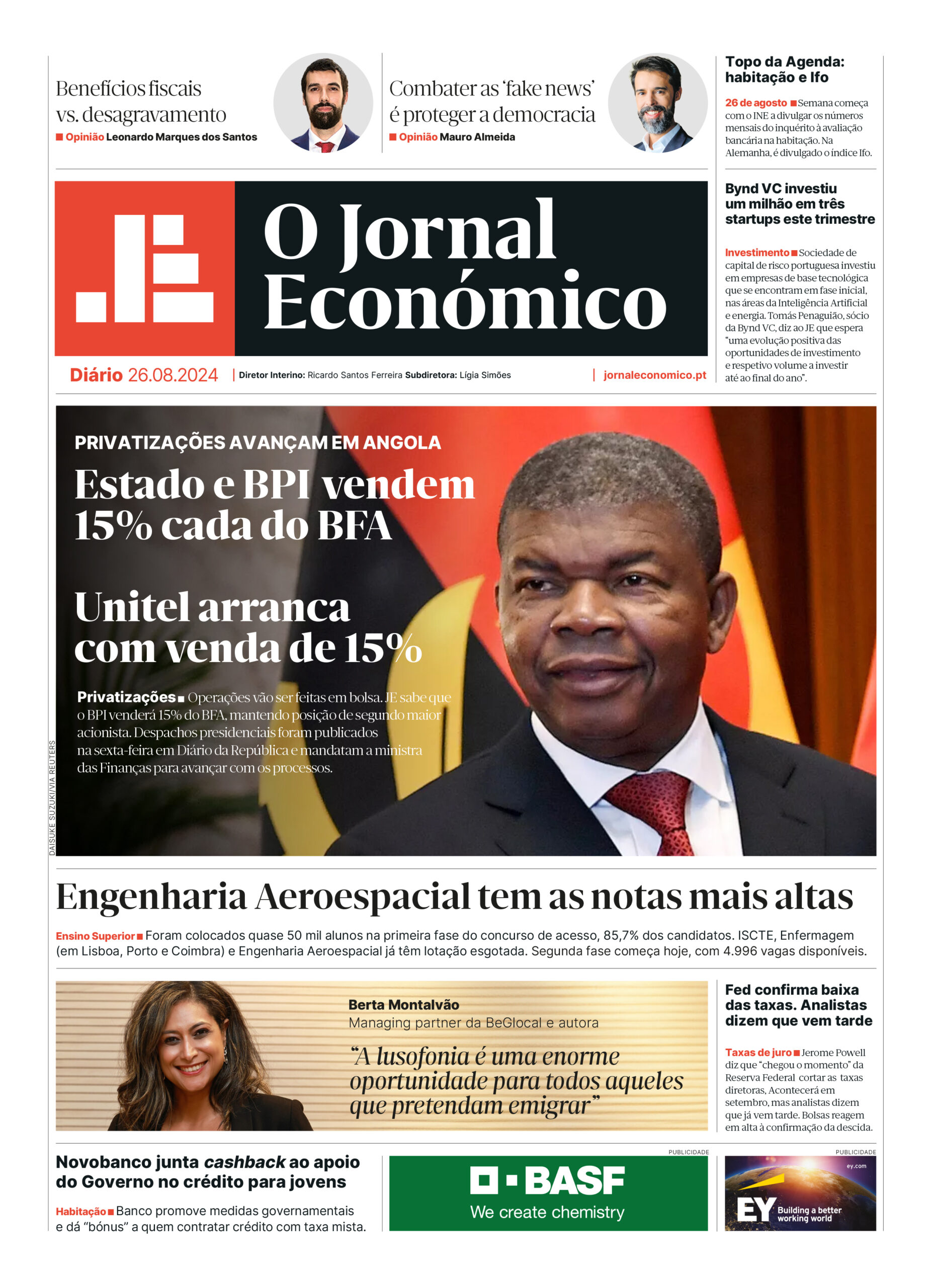 A primeira página do Jornal Económico de 26 de agosto